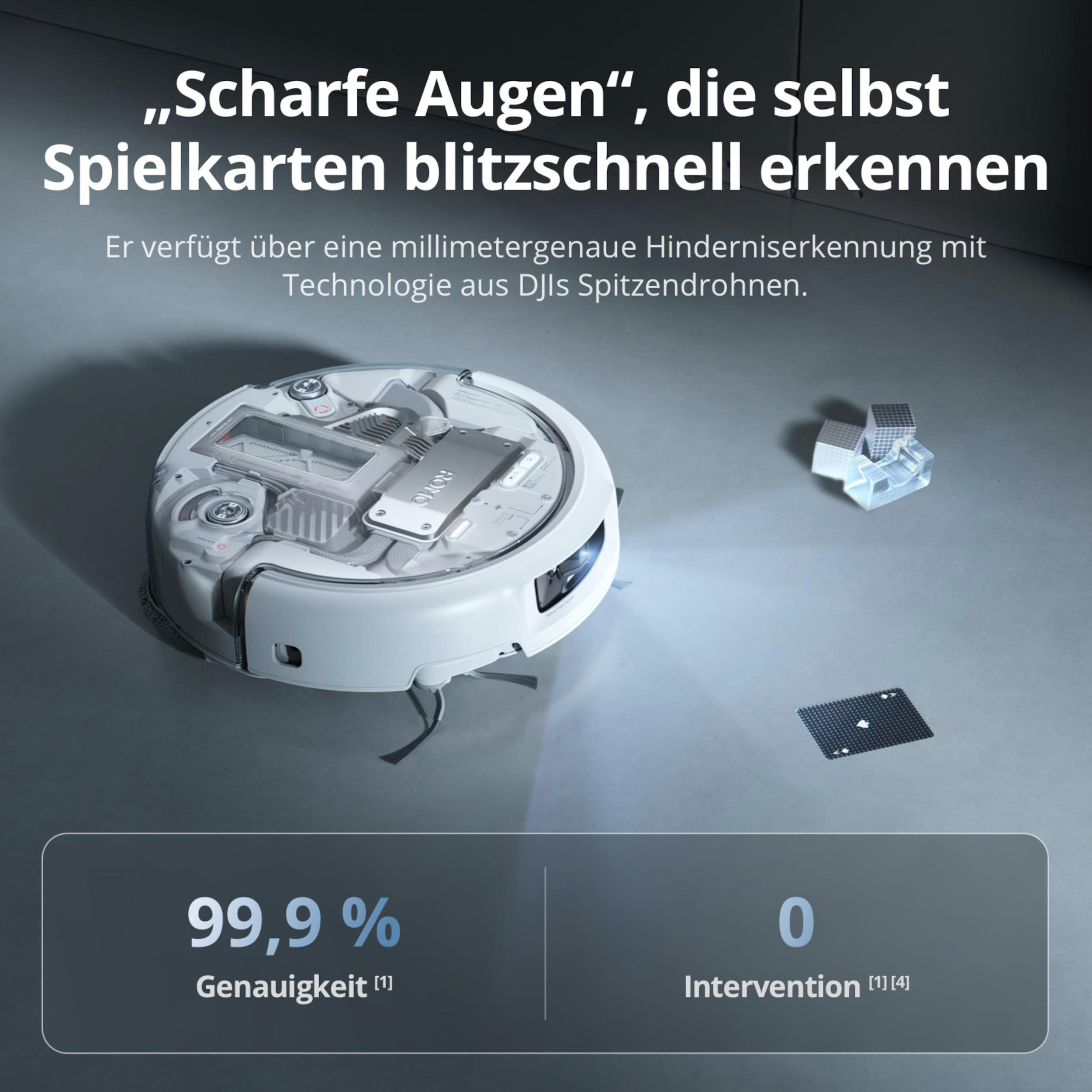 Ein weißer Saugroboter mit technischen Details und Textfeldern für Genauigkeit und Intervention.