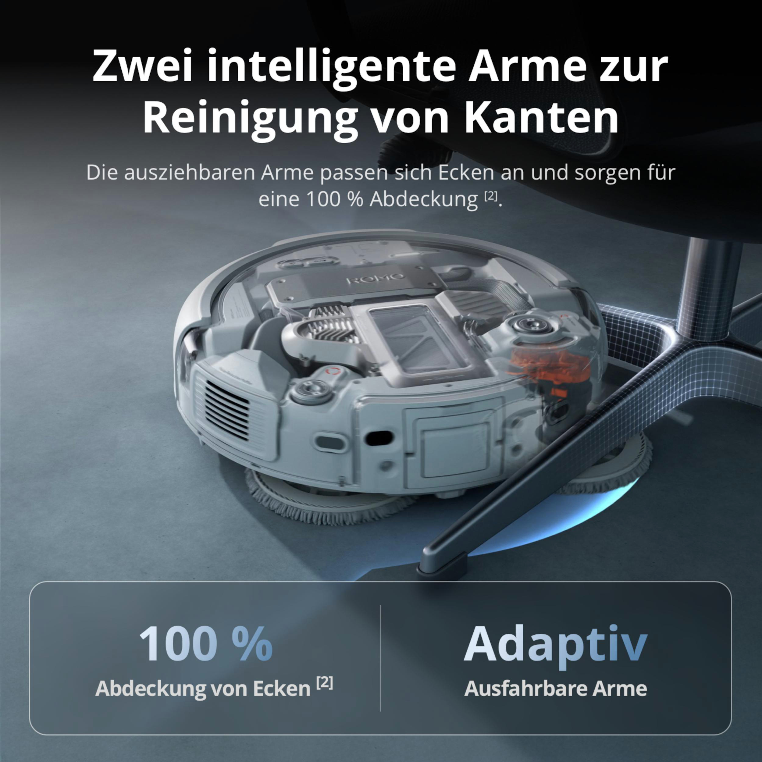 Ein Saugroboter mit ausziehbaren Armen reinigt Ecken.