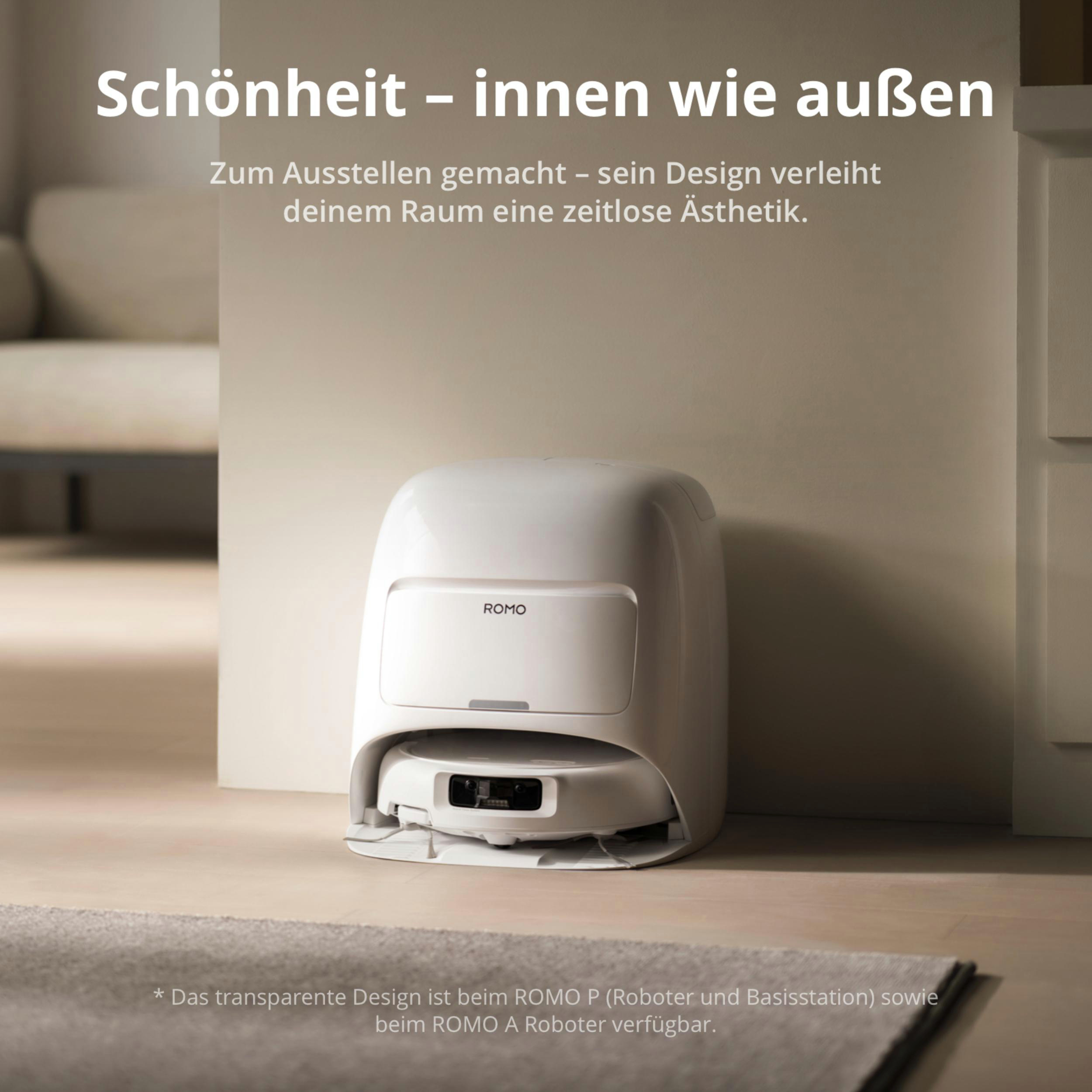 Ein weißer Saugroboter mit Ladestation steht auf einem Holzboden.
