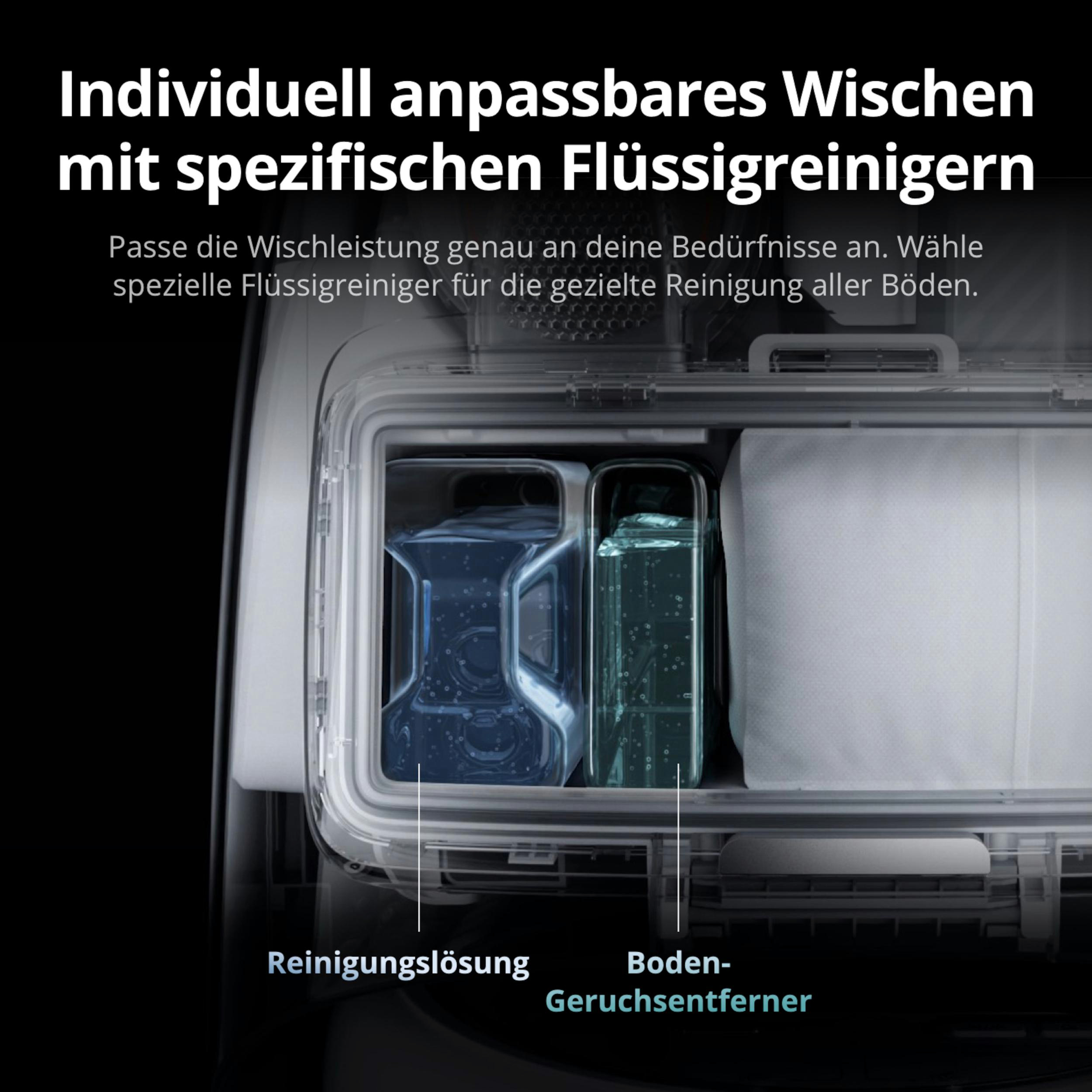 Zwei Behälter: Reinigungslösung und Geruchsentferner für Böden.