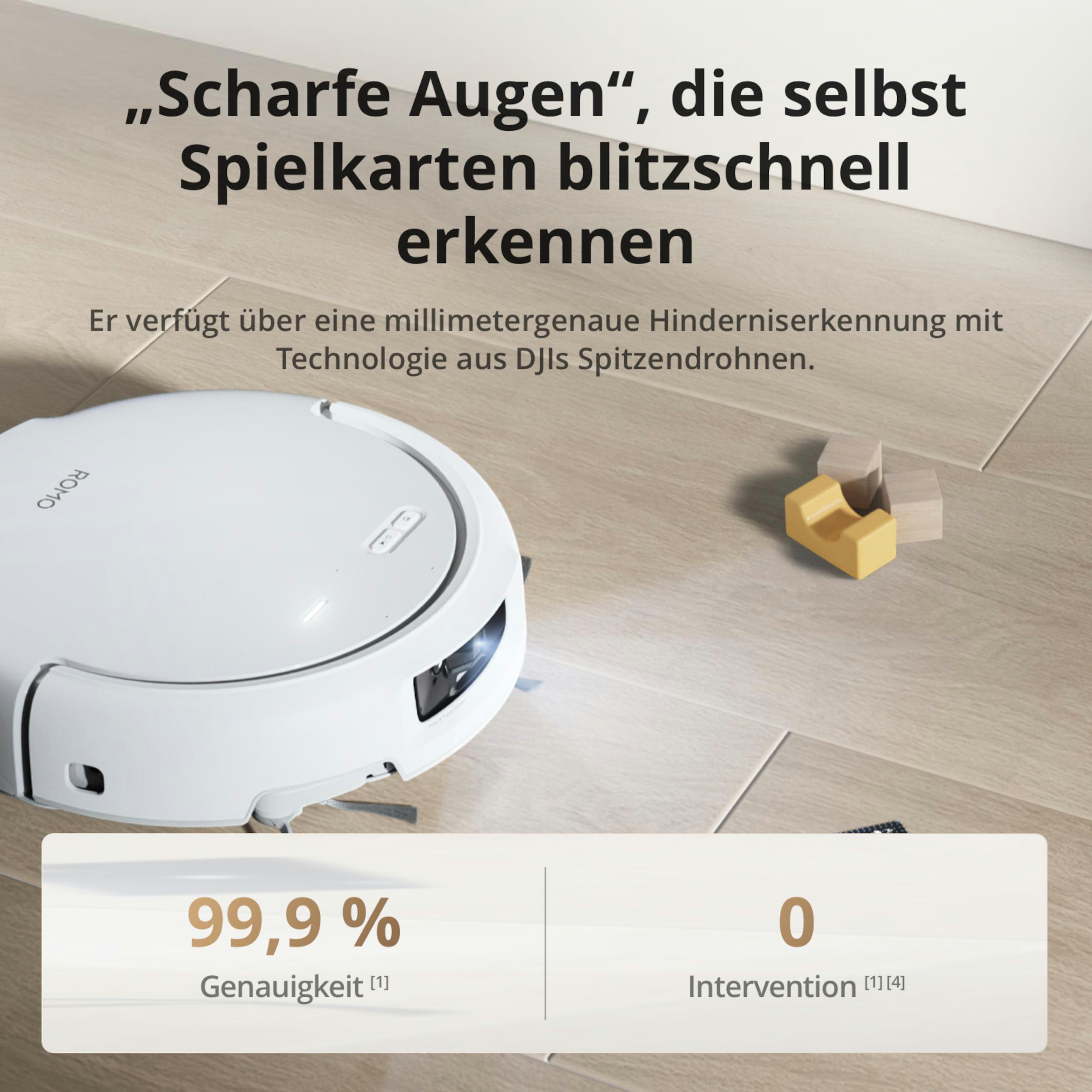 Ein weißer Saugroboter erkennt Spielkarten auf Holzboden, mit 99,9% Genauigkeit.