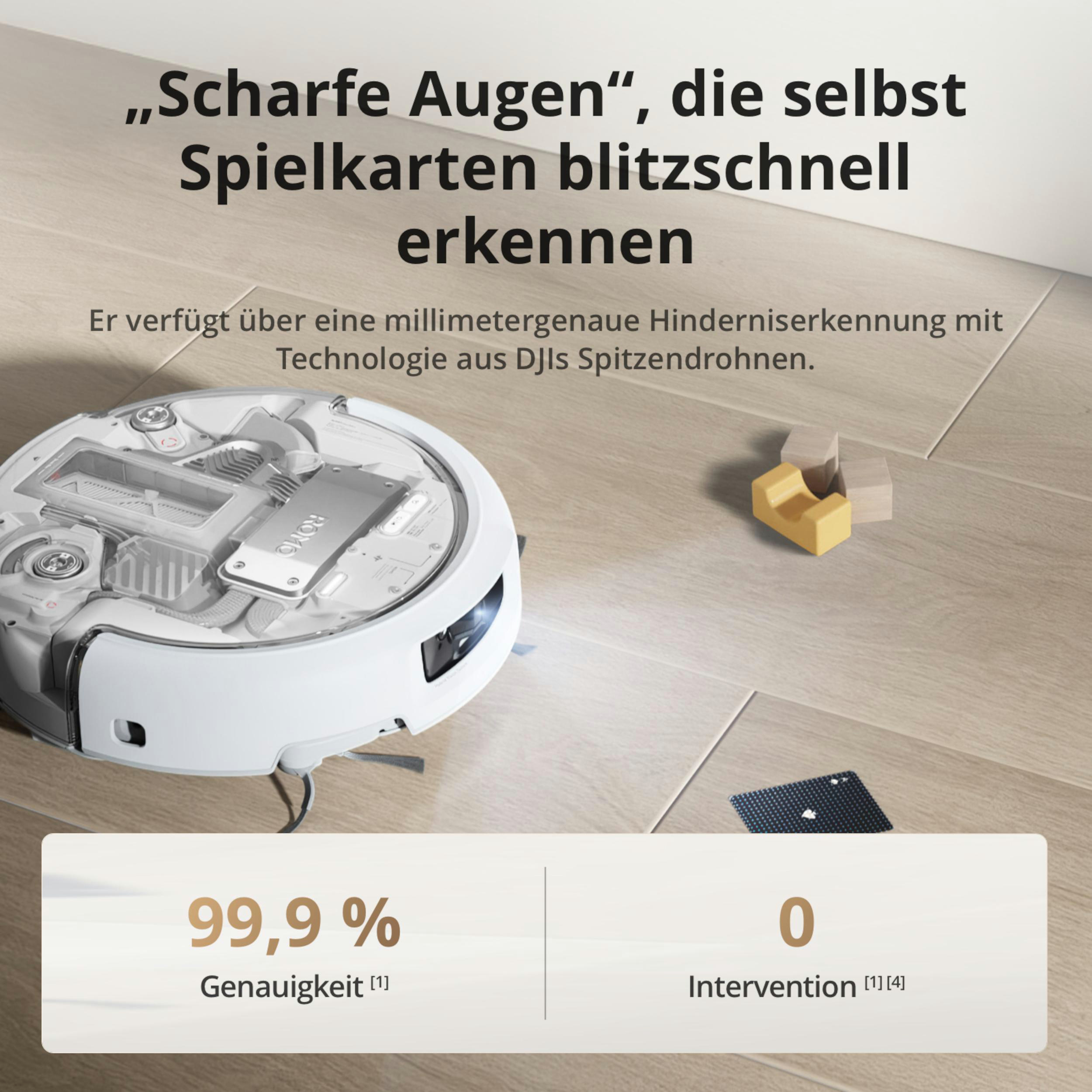Ein weißer Saugroboter mit Technologie aus Drohnen auf einem Holzboden.