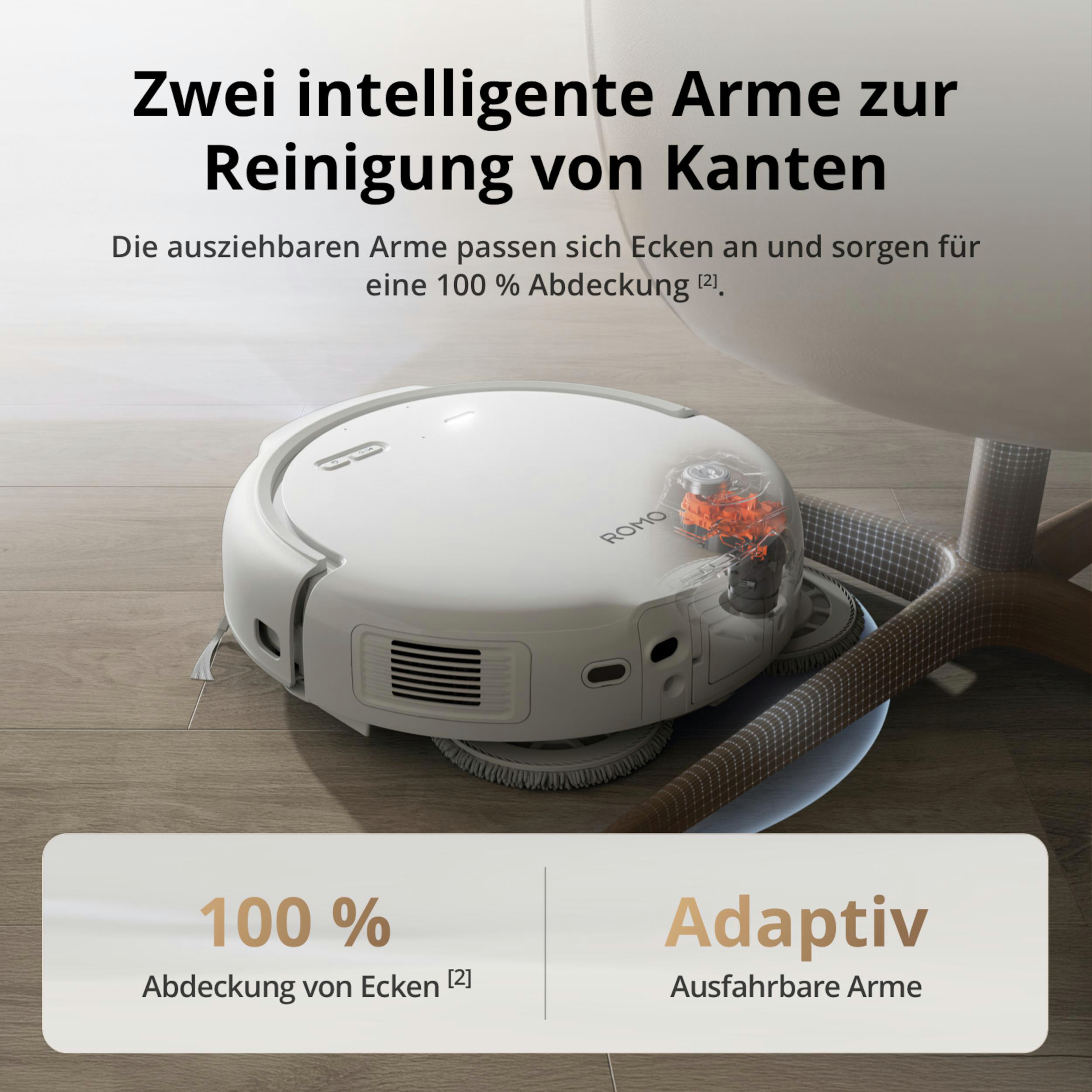 Ein weißer Saugroboter mit ausziehbaren Armen auf einem Holzboden.
