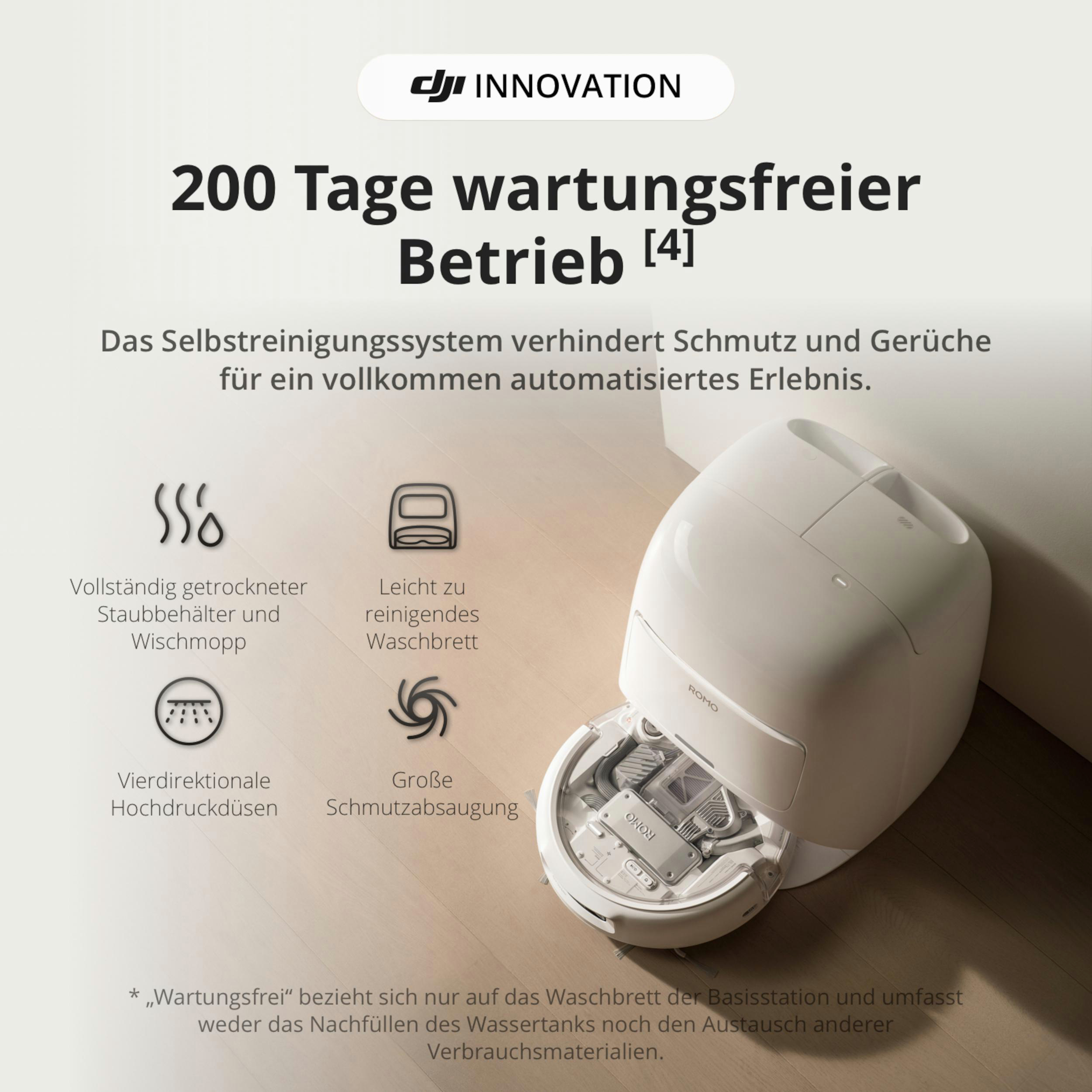 Ein weißer Saugroboter mit Ladestation auf einem Holzboden, mit Text über Wartungsfreiheit.