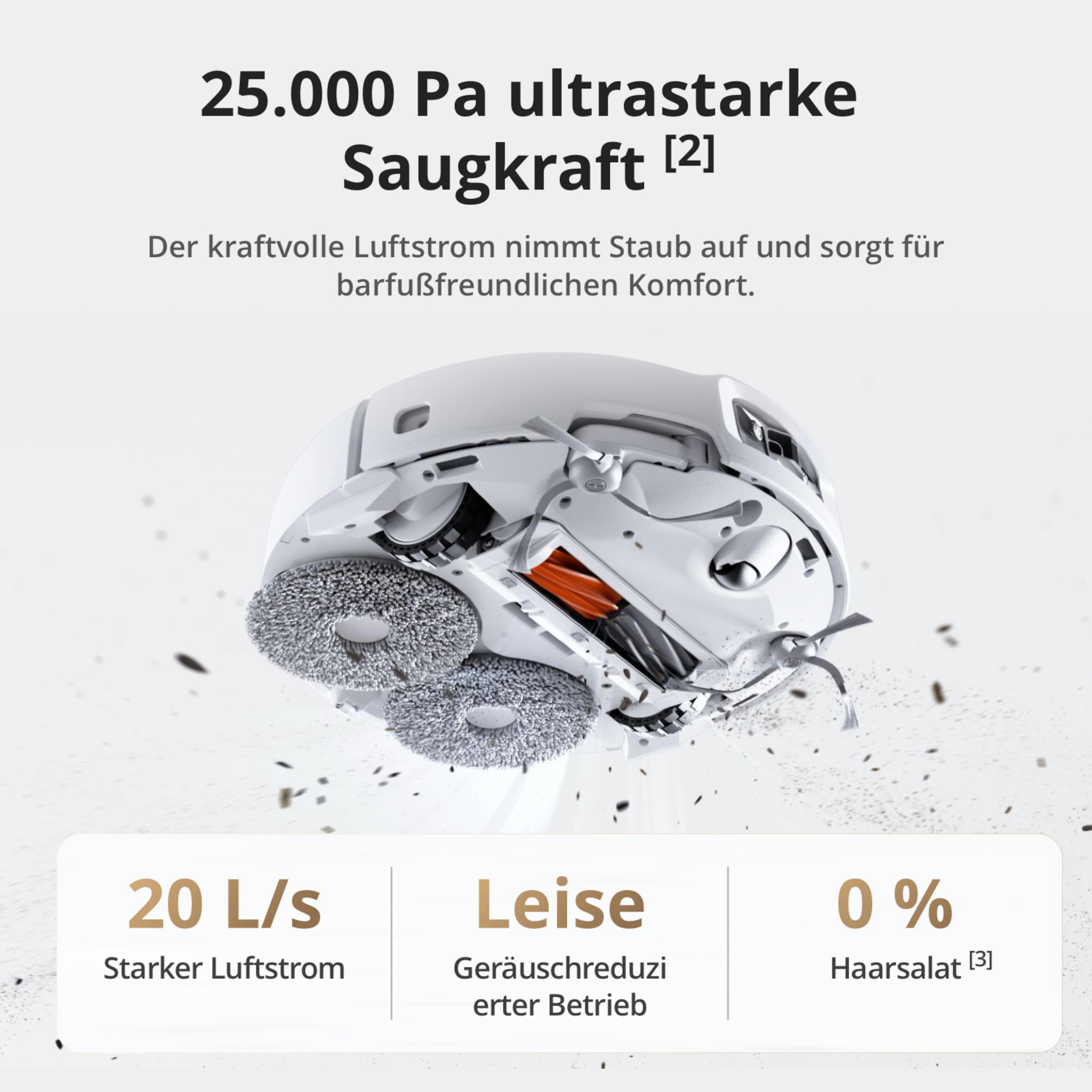 Ein weißer Saugroboter mit rotierenden Bürsten saugt Staub auf.