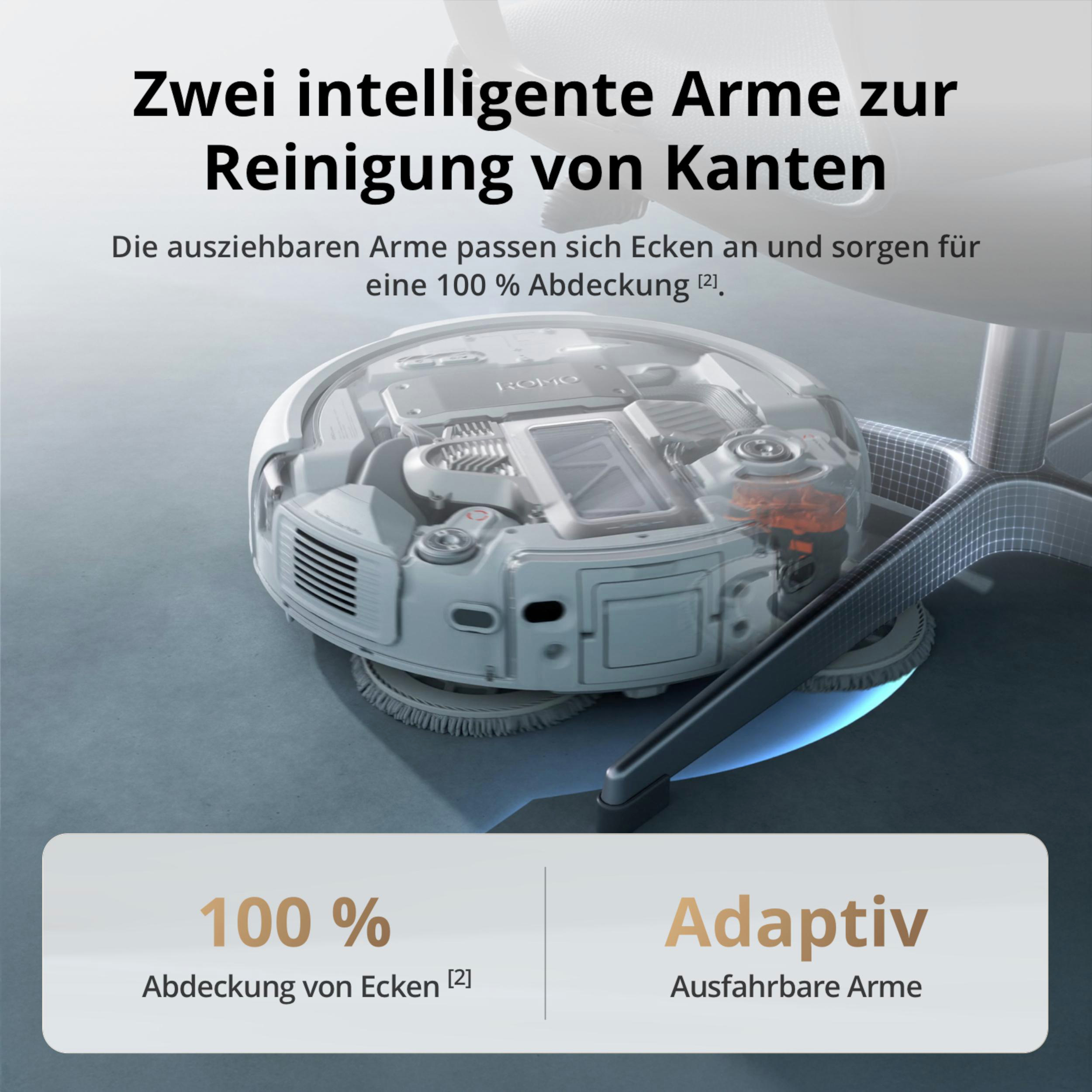Ein weißer Saugroboter mit ausziehbaren Armen reinigt Ecken.