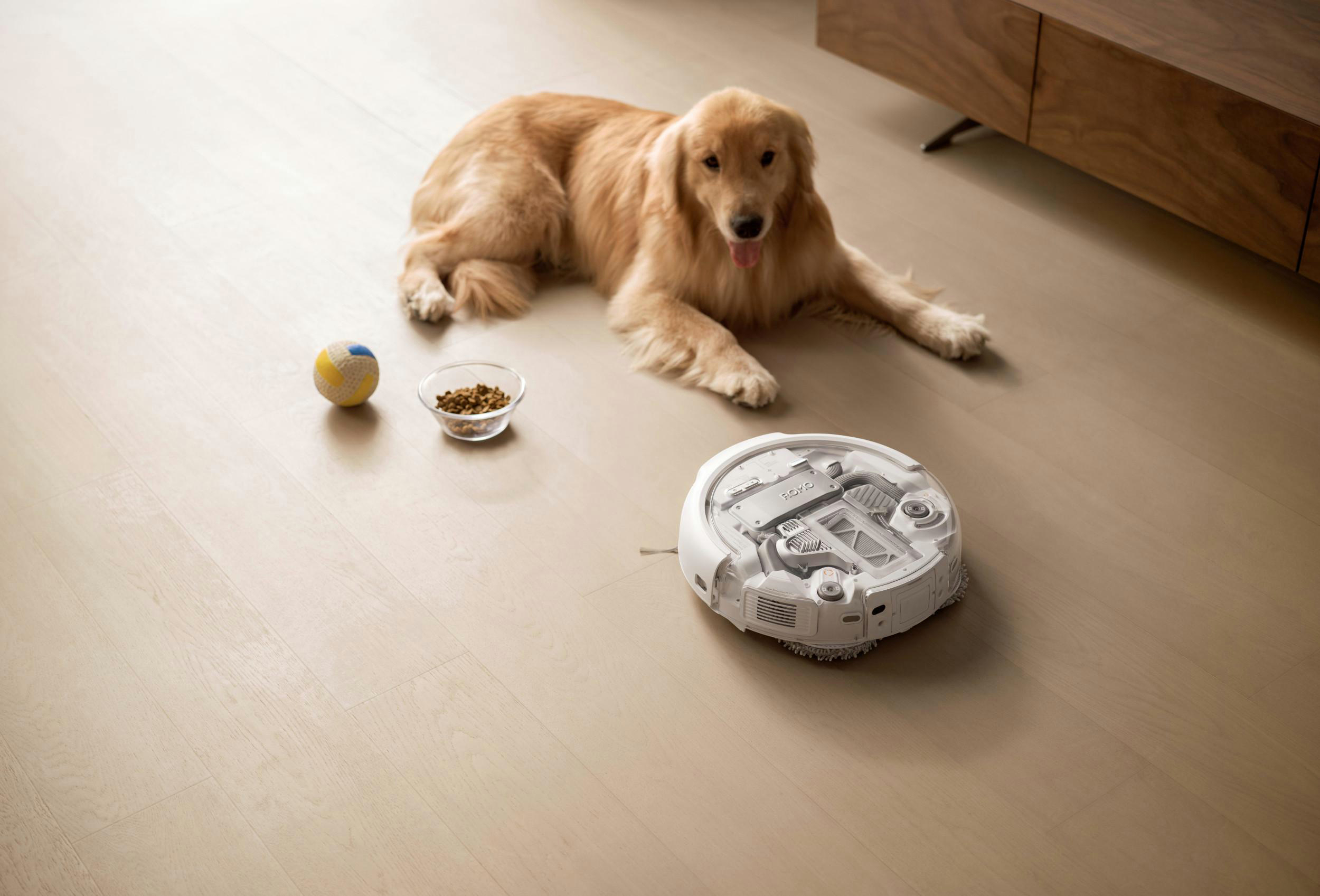 Ein Hund liegt neben einem Roboterstaubsauger, einem Ball und einer Futterschale.