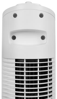Oberseite eines weißen Turmventilators mit Lüftungsschlitzen und Schrauben.