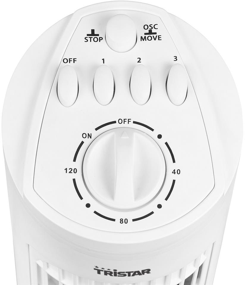Bedienfeld eines weißen Ventilators mit Tasten für Stopp, Oszillation, Ein/Aus und Geschwindigkeitsstufen 1-3.