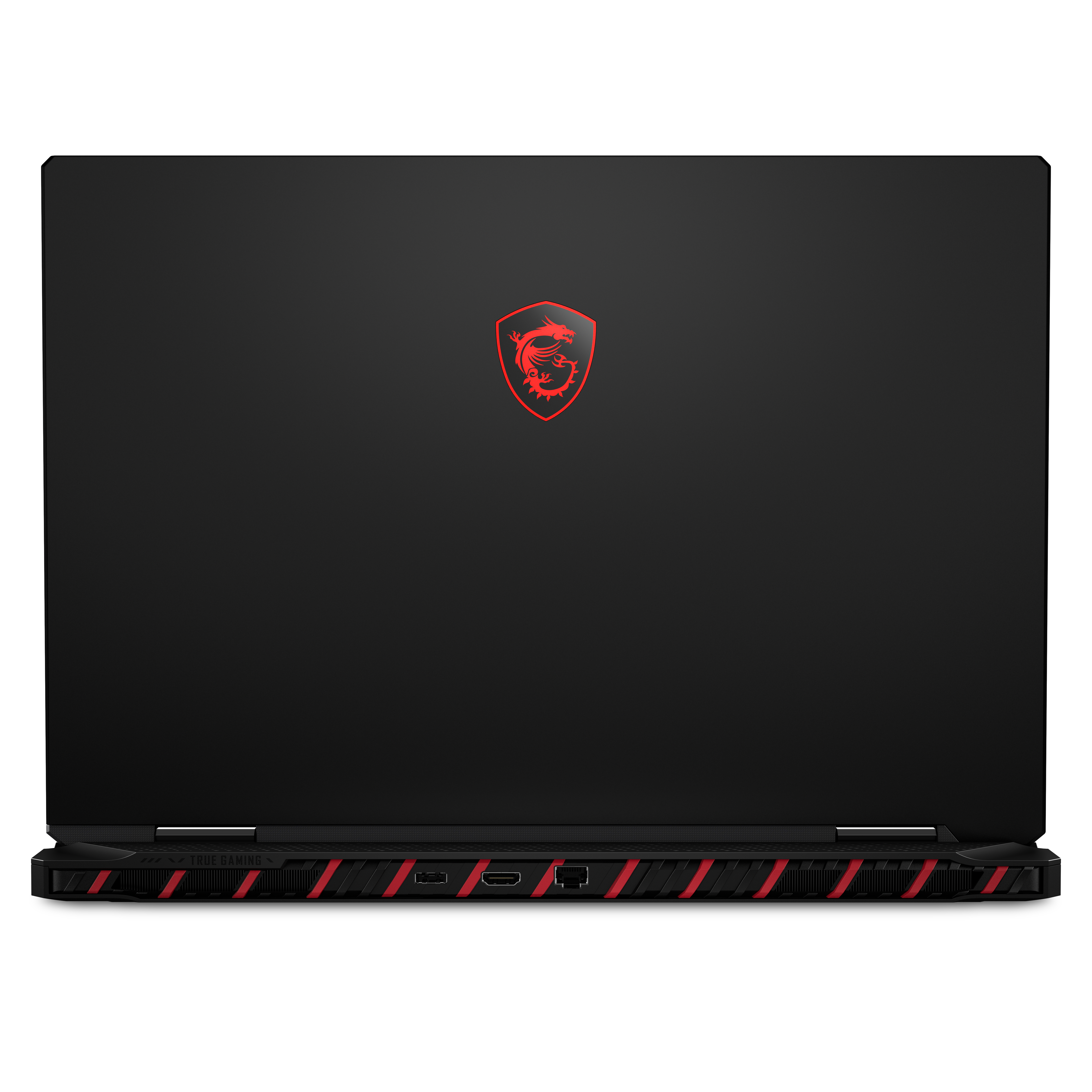 Schwarzer Laptop mit rotem MSI-Logo und roten Akzenten an der Unterseite.