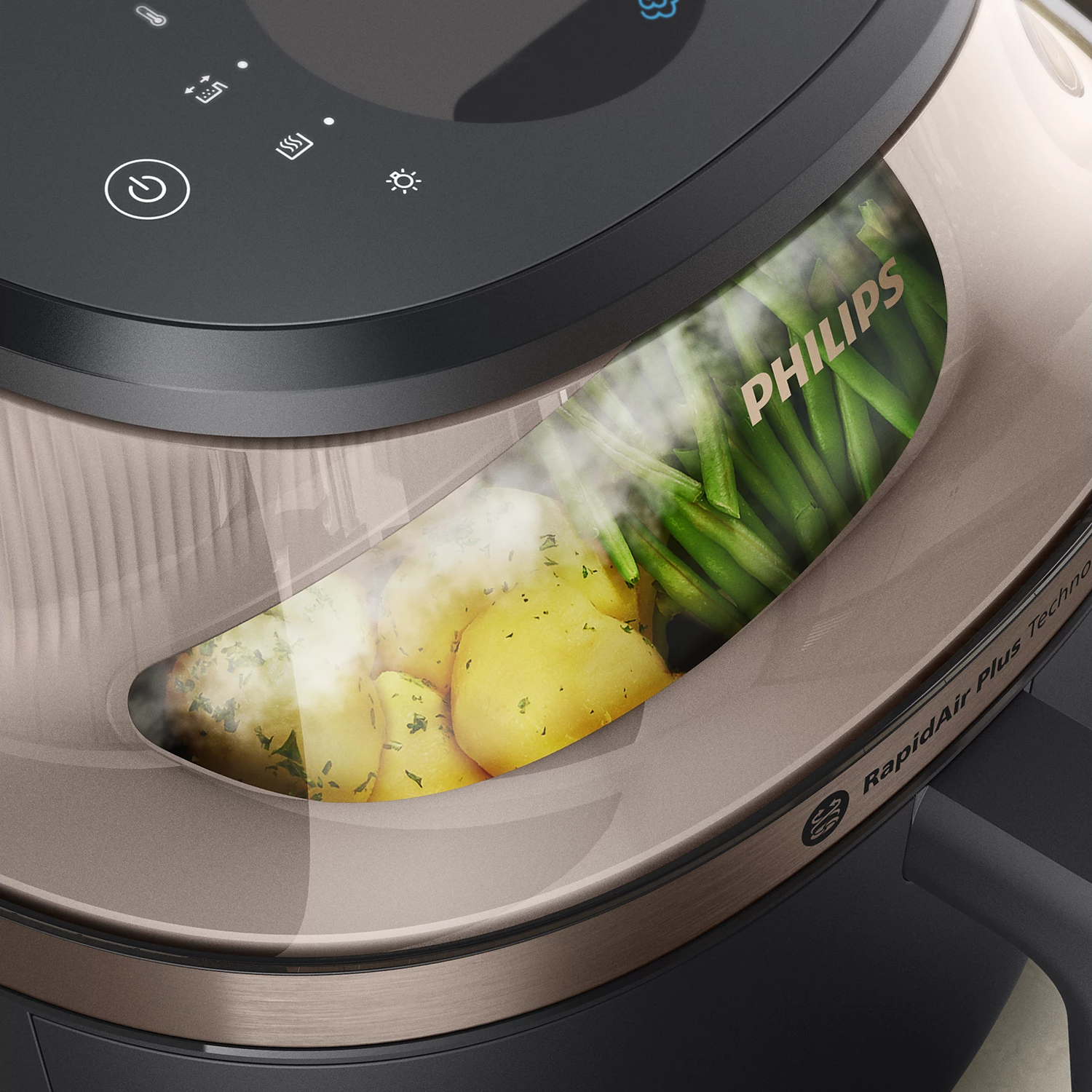 Philips Heißluftfritteuse mit dampfenden Kartoffeln und grünen Bohnen.