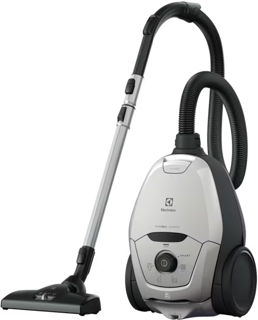 Un aspirateur argenté et noir avec tuyau et brosse sur fond noir.