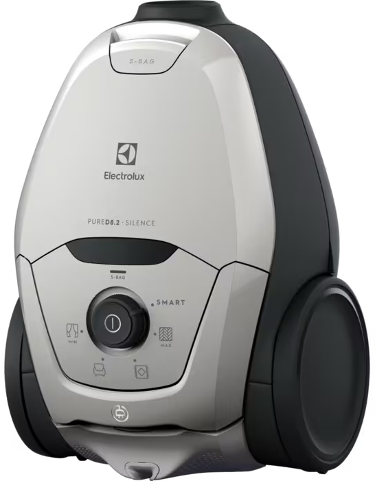 Un aspirateur Electrolux argenté et noir avec un cadran et des icônes.