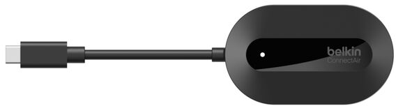 Schwarzer Belkin ConnectAir Adapter mit USB-C-Anschluss und Kabel.