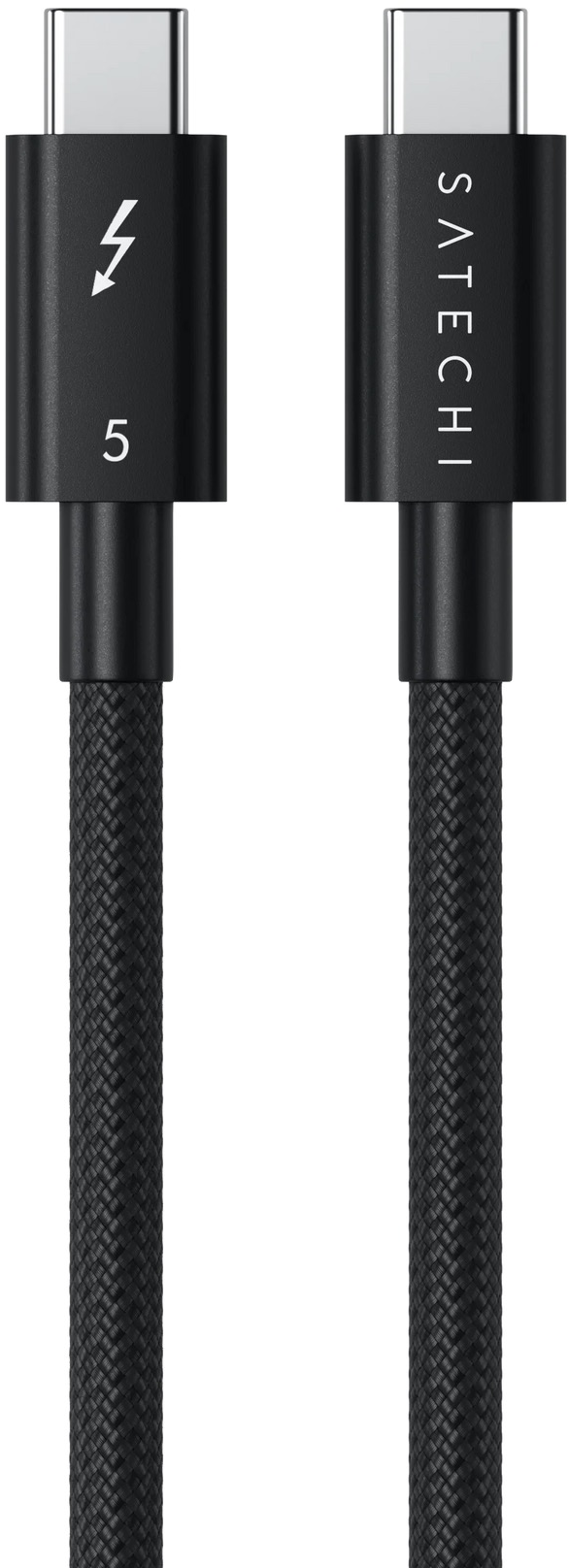 Deux câbles Thunderbolt noirs avec connecteurs USB-C, l'un montre un éclair et '5'.
