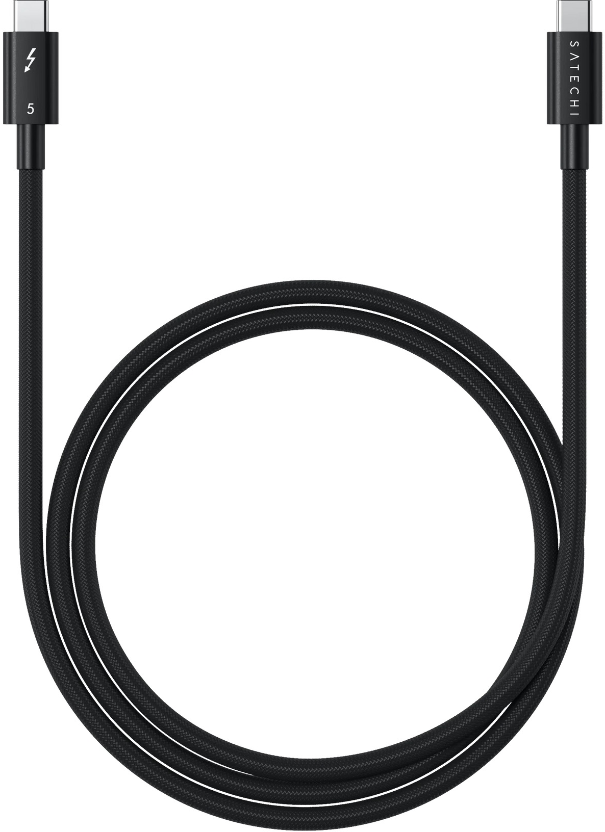 Câble USB-C noir avec symbole éclair et chiffre 5.