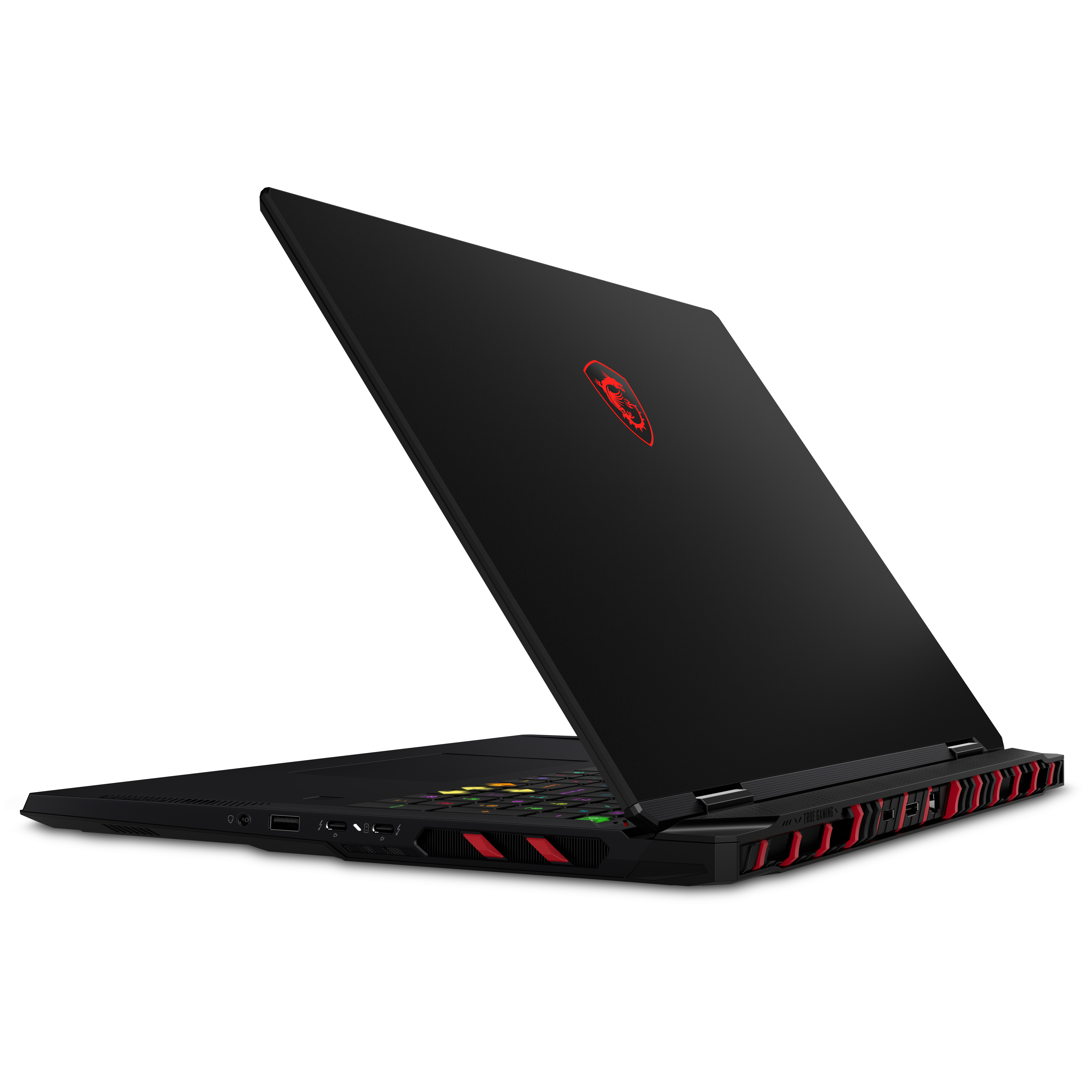 Schwarzer Laptop mit rotem MSI-Logo, beleuchteter Tastatur und roten Akzenten.