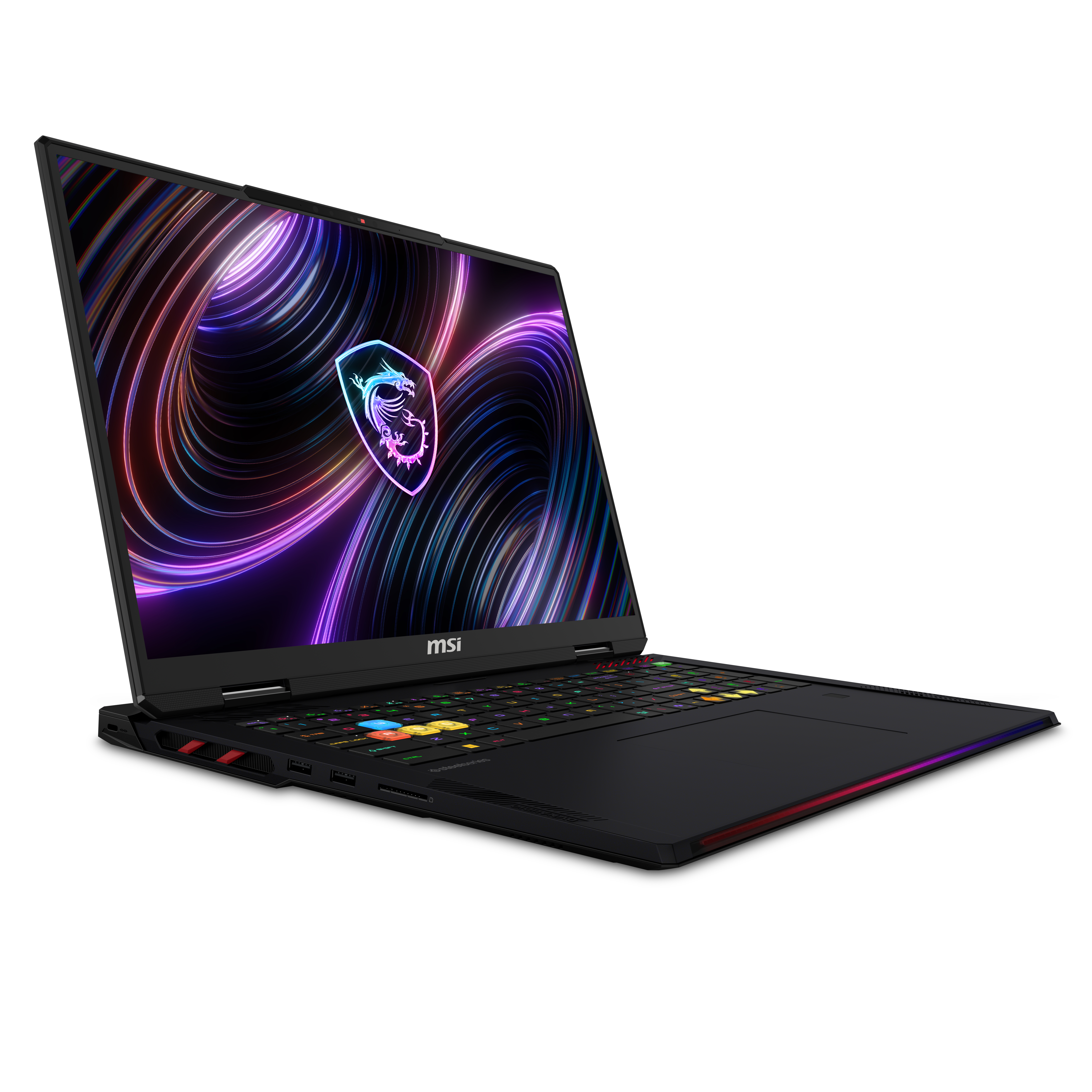 Ein offener schwarzer MSI-Laptop mit einem leuchtenden Drachenlogo auf dem Bildschirm.