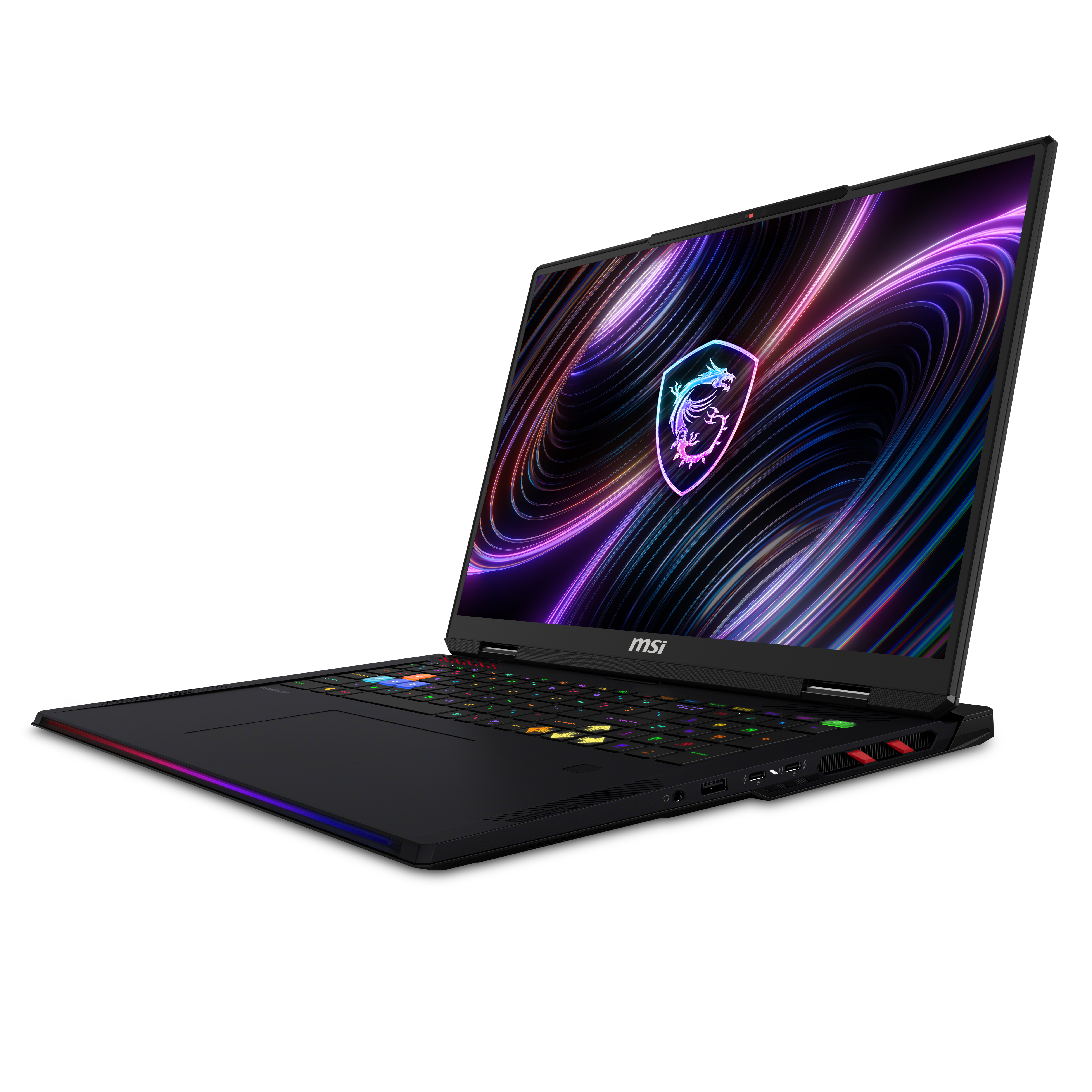 Schwarzer MSI Gaming Laptop mit beleuchteter Tastatur und Drachenlogo auf dem Bildschirm.
