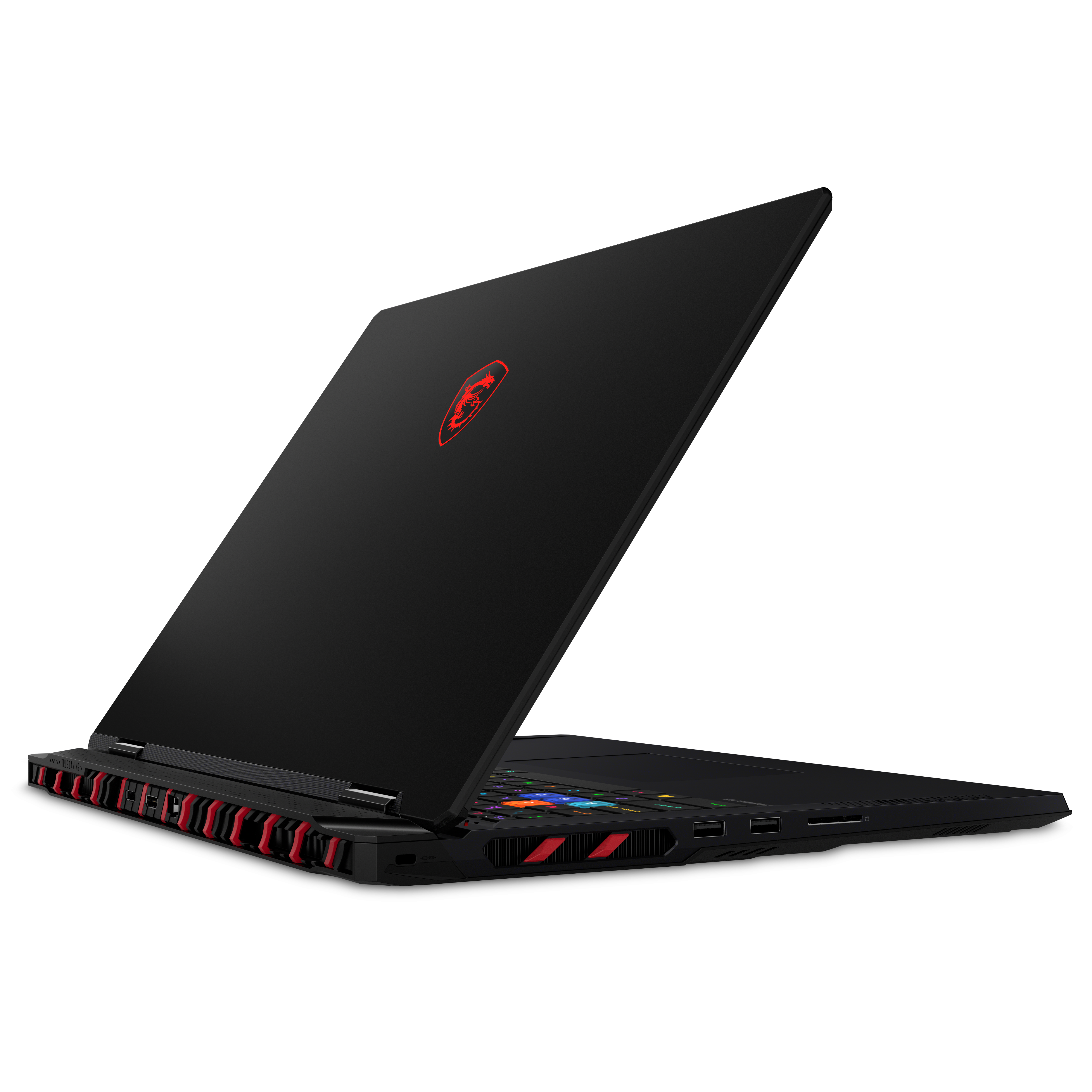 Schwarzer Laptop mit rotem MSI-Logo, beleuchteter Tastatur und roten Akzenten.