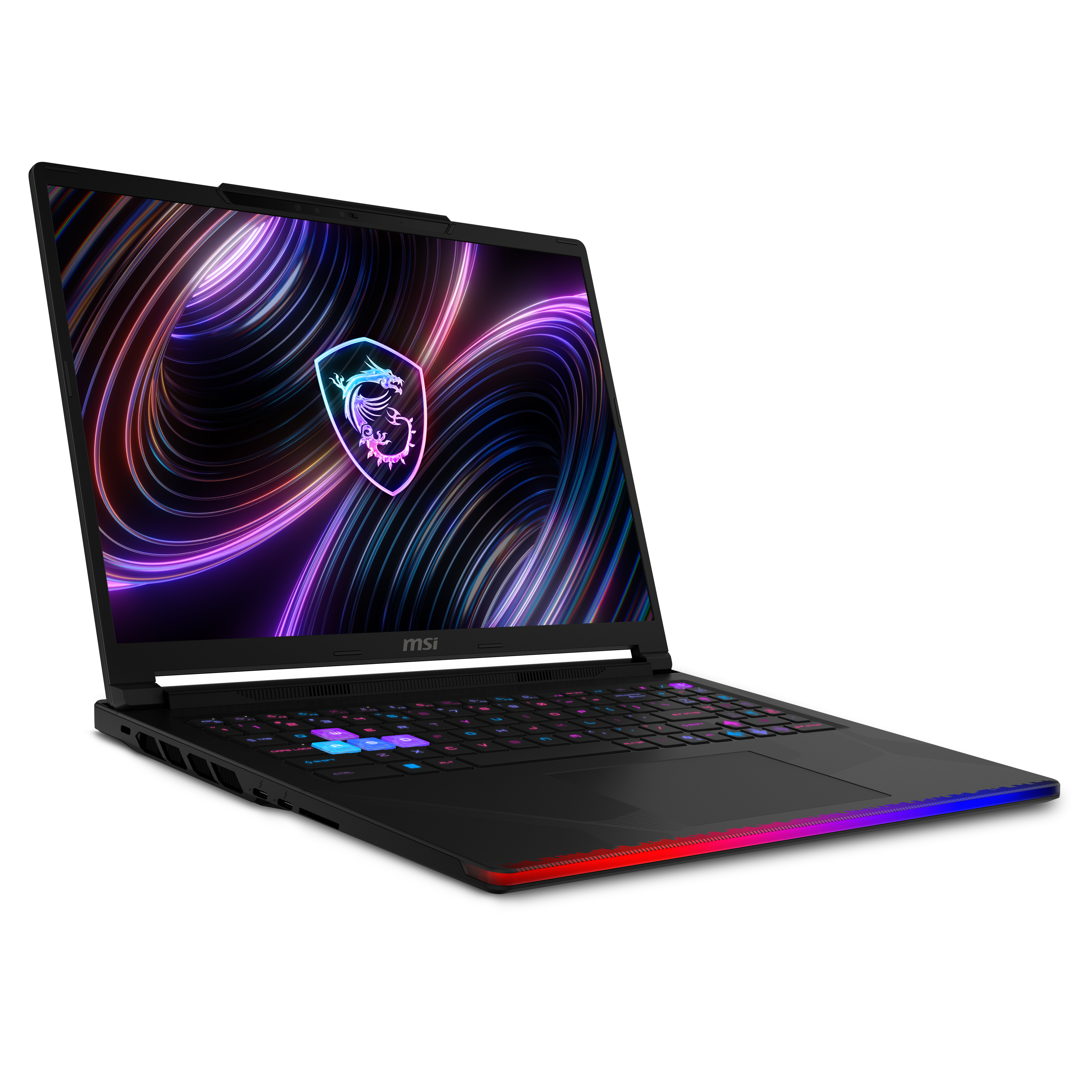 Ein schwarzer MSI-Gaming-Laptop mit beleuchteter Tastatur und RGB-Beleuchtung.
