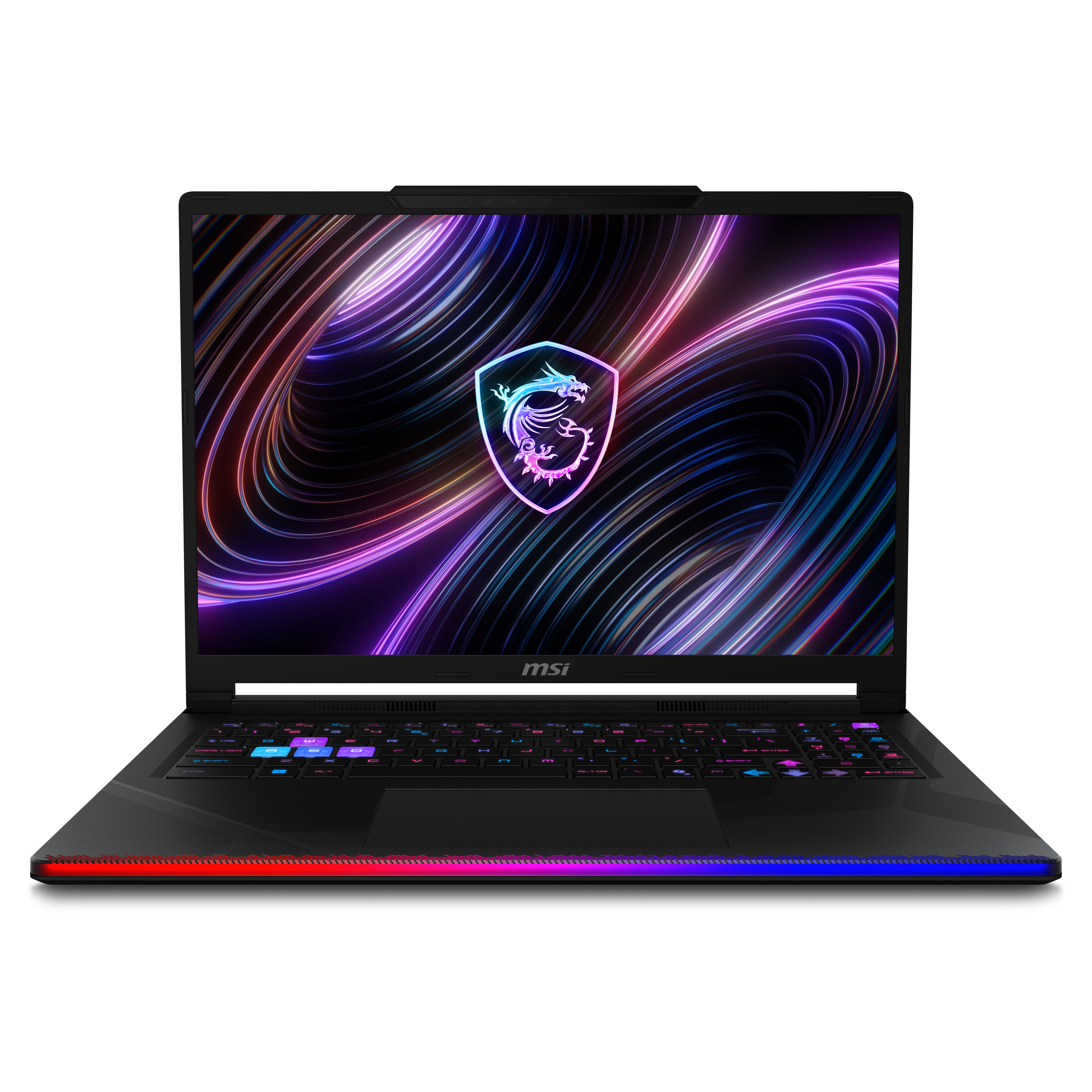 Ein schwarzer MSI-Laptop mit beleuchteter Tastatur und animiertem Hintergrund.