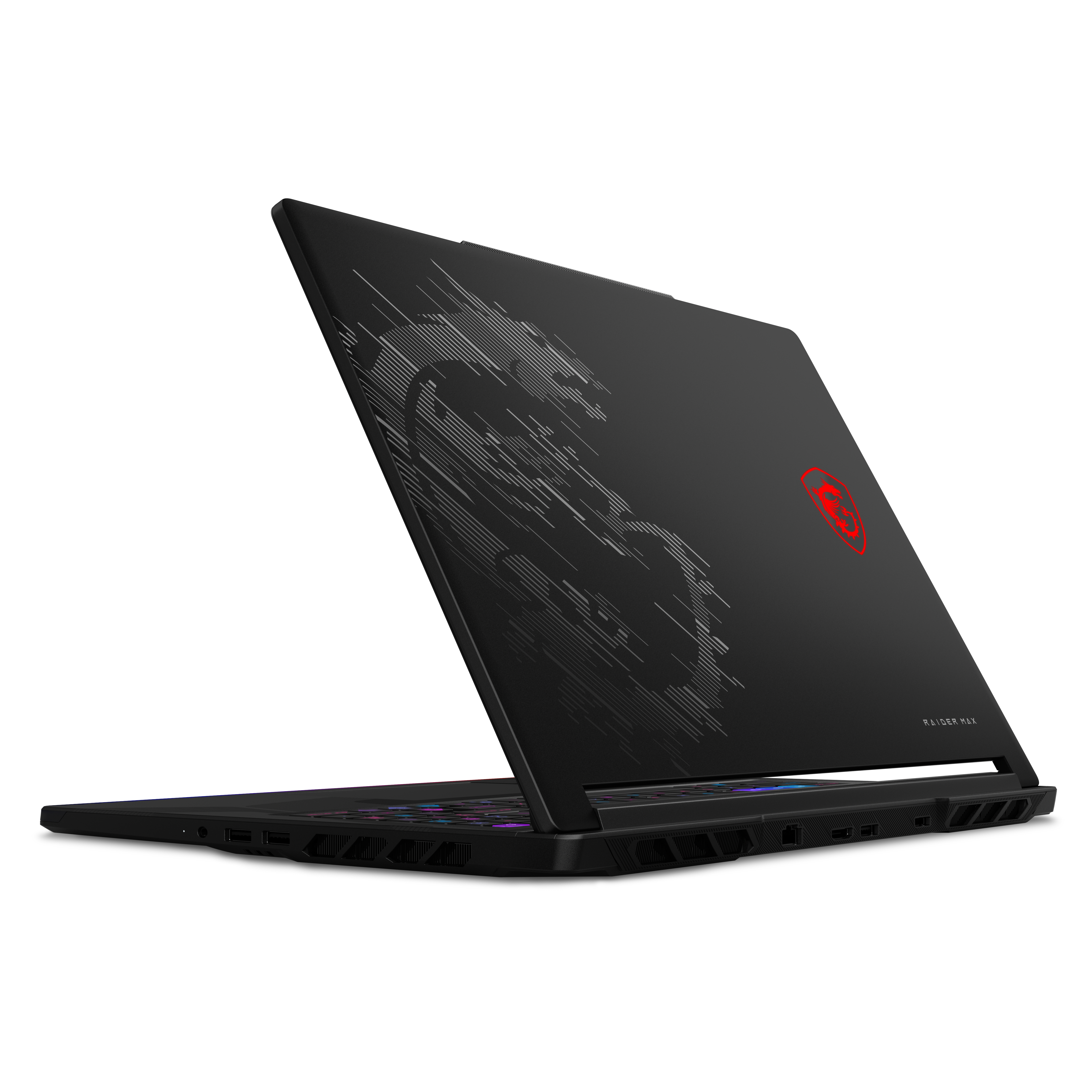 Schwarzer MSI Gaming-Laptop mit rotem Drachenlogo und beleuchteter Tastatur.