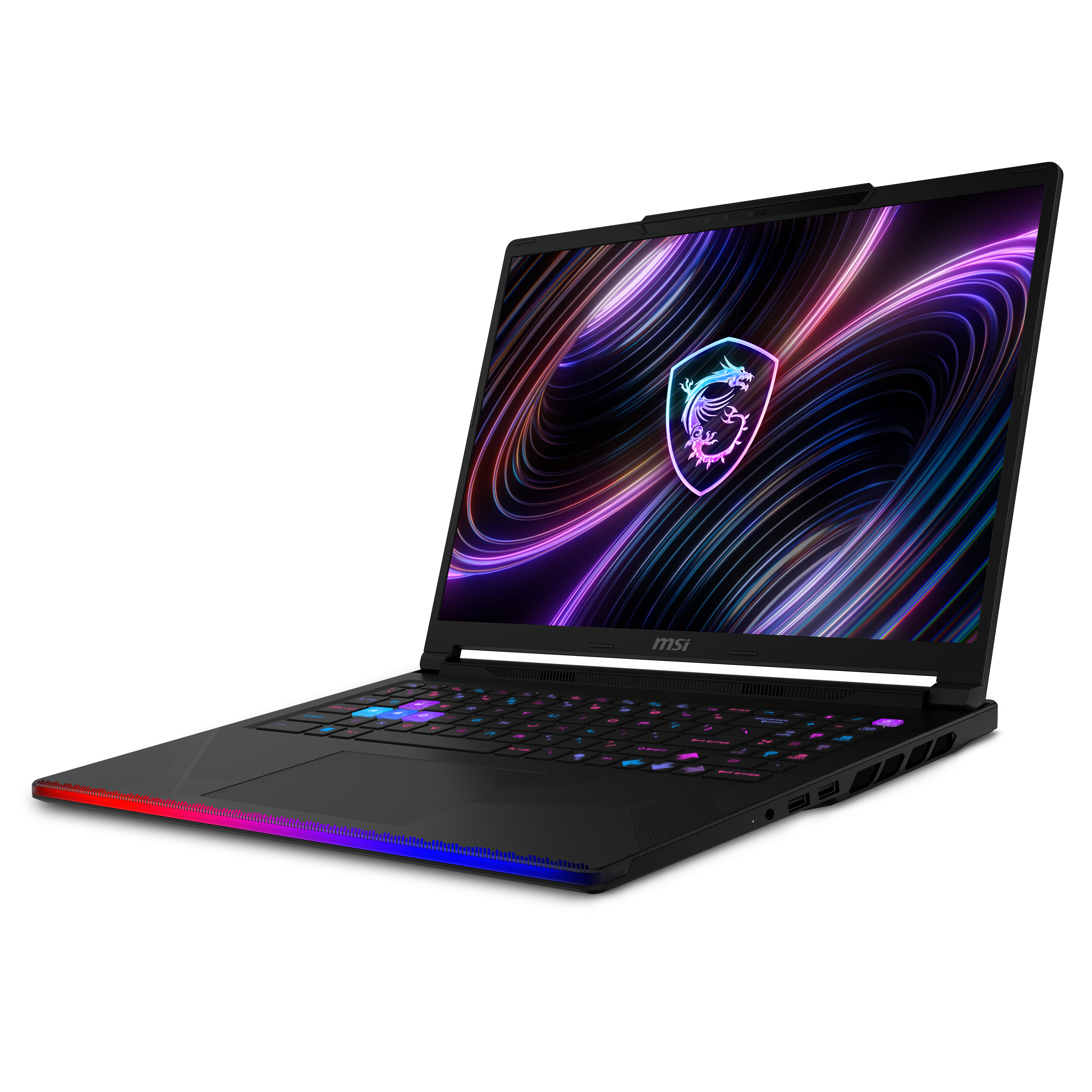 Schwarzer Laptop mit beleuchteter Tastatur und MSI-Logo auf dem Bildschirm.
