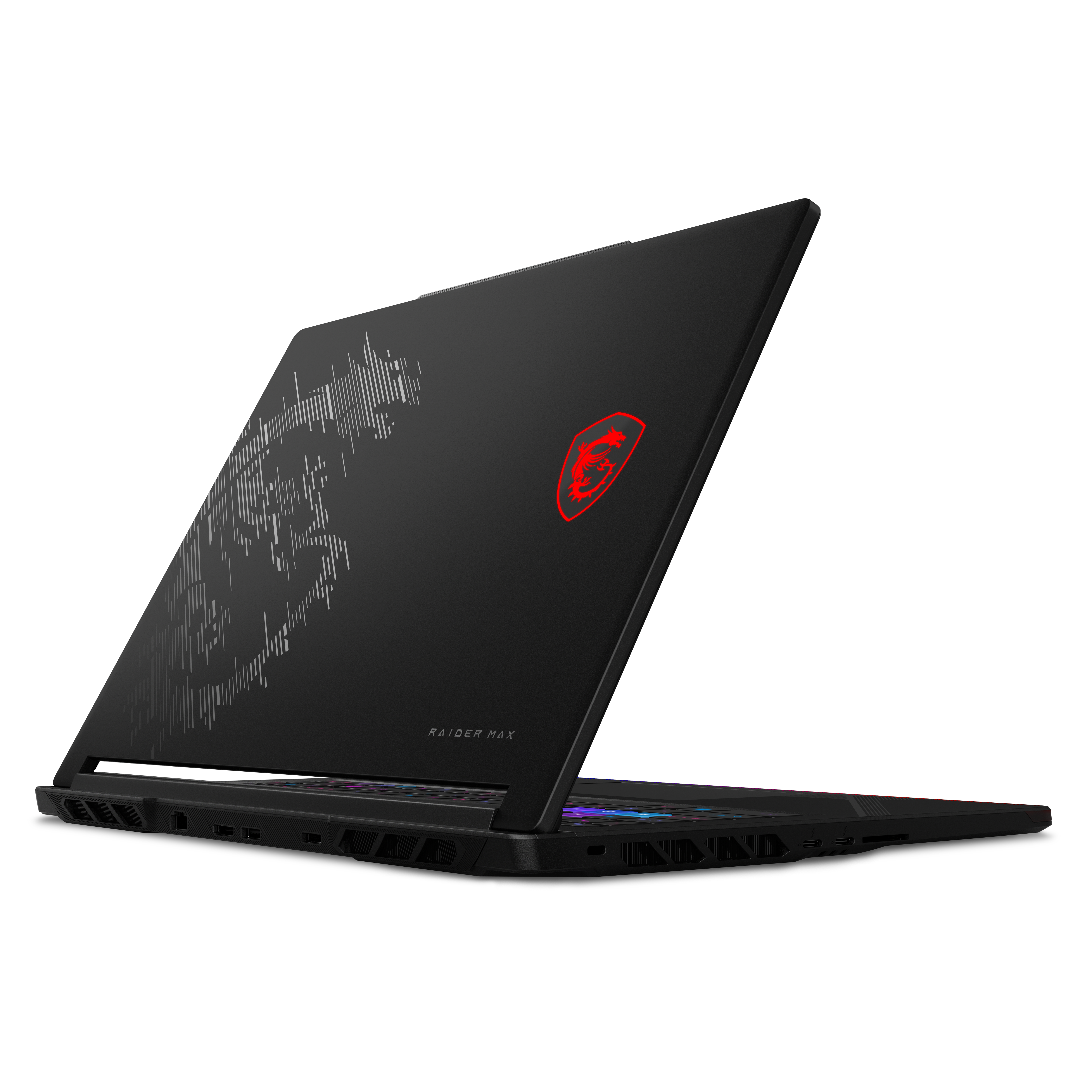 Schwarzer MSI Raider Max Laptop mit rotem Drachenlogo und RGB-Tastatur.