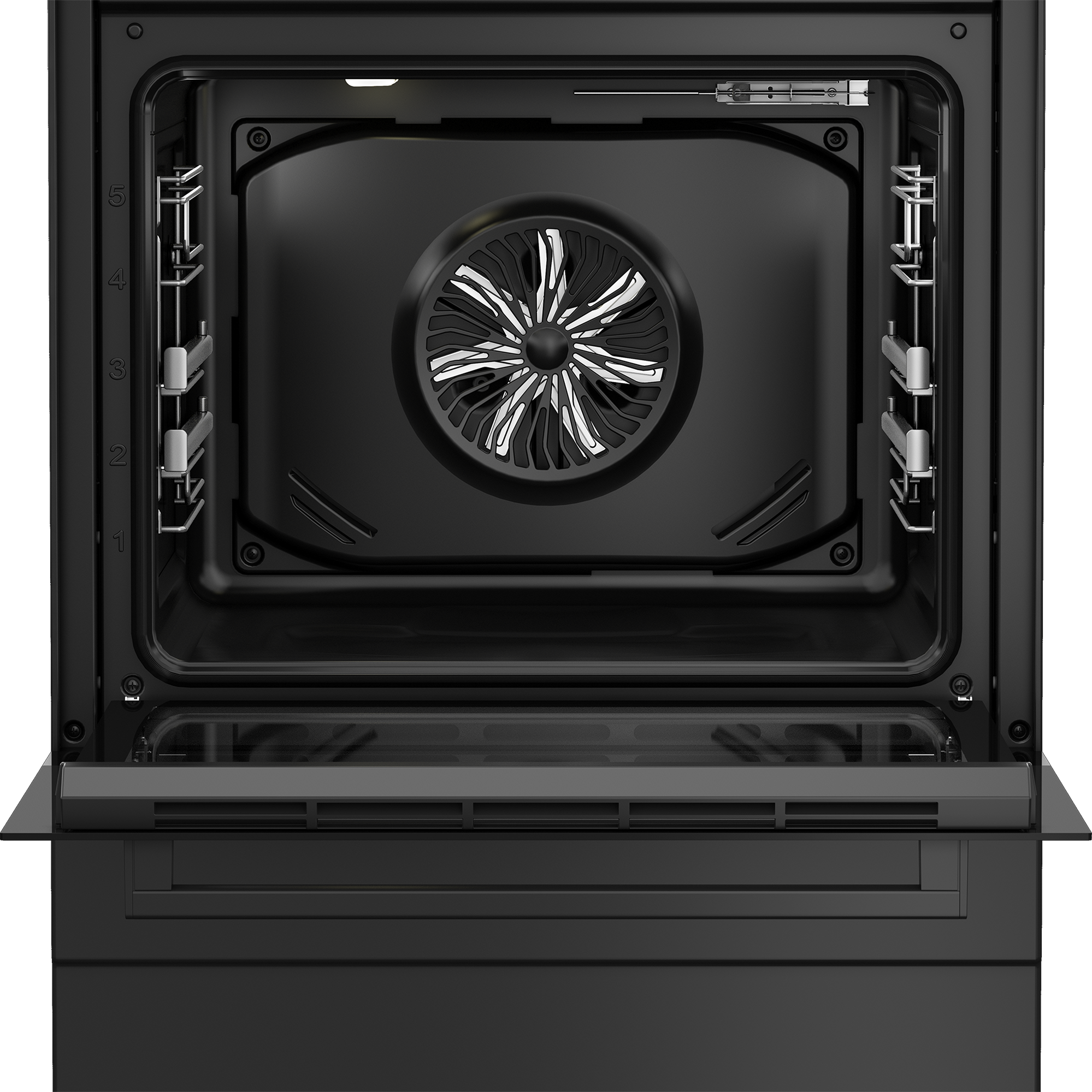 Pusta, otwarta czarna kuchenka z wentylatorem i prowadnicami.