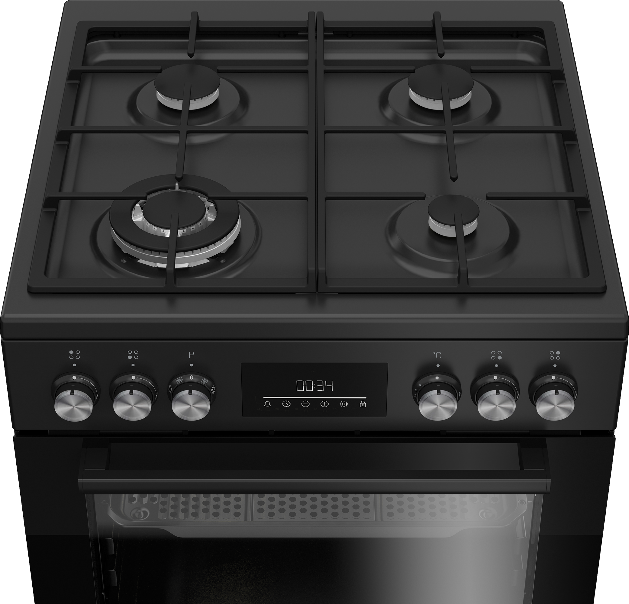 Czarna kuchenka gazowa z czterema palnikami, cyfrowym wyświetlaczem i pokrętłami.