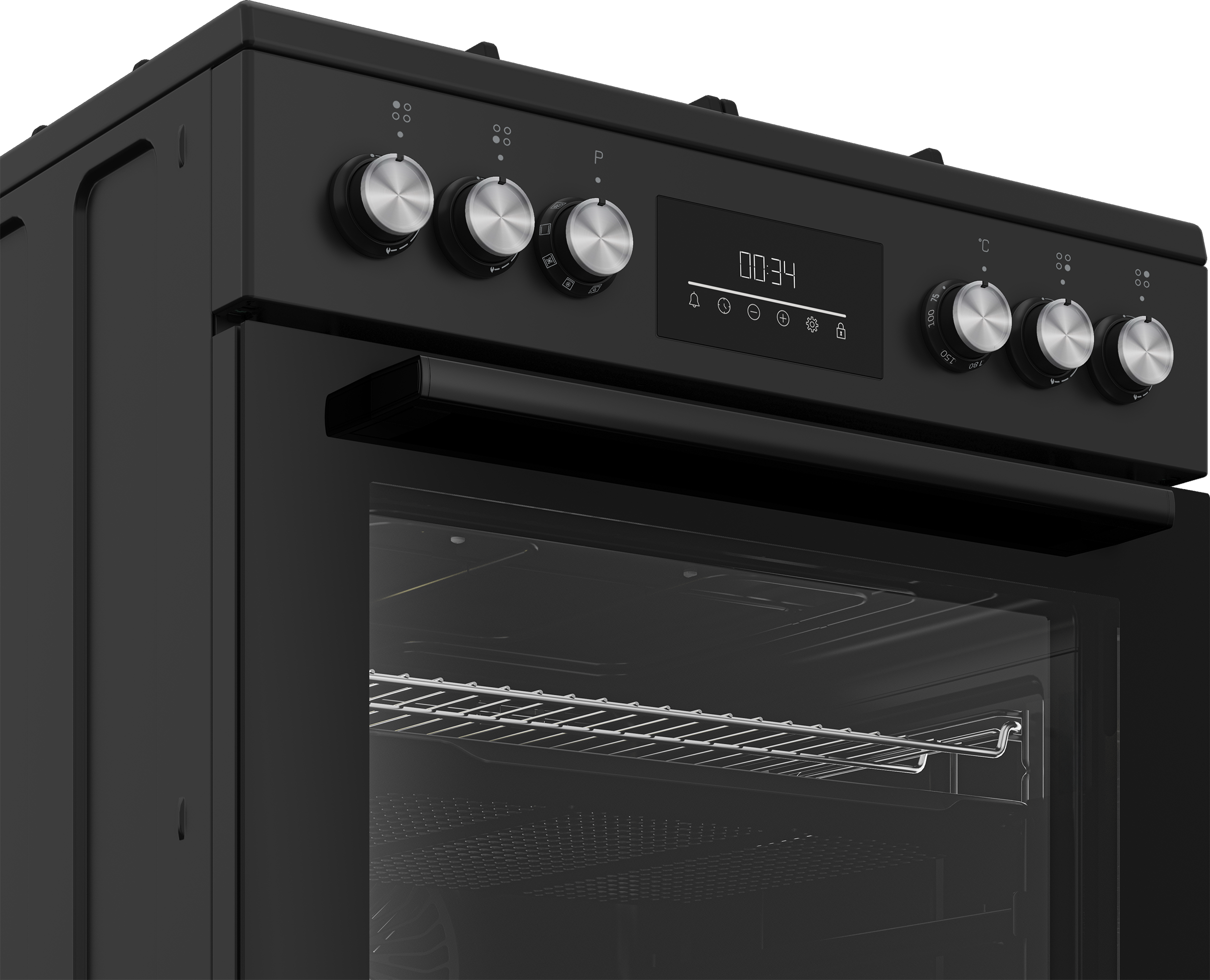 Czarny piekarnik z cyfrowym wyświetlaczem, pokrętłami i rusztem wewnątrz.