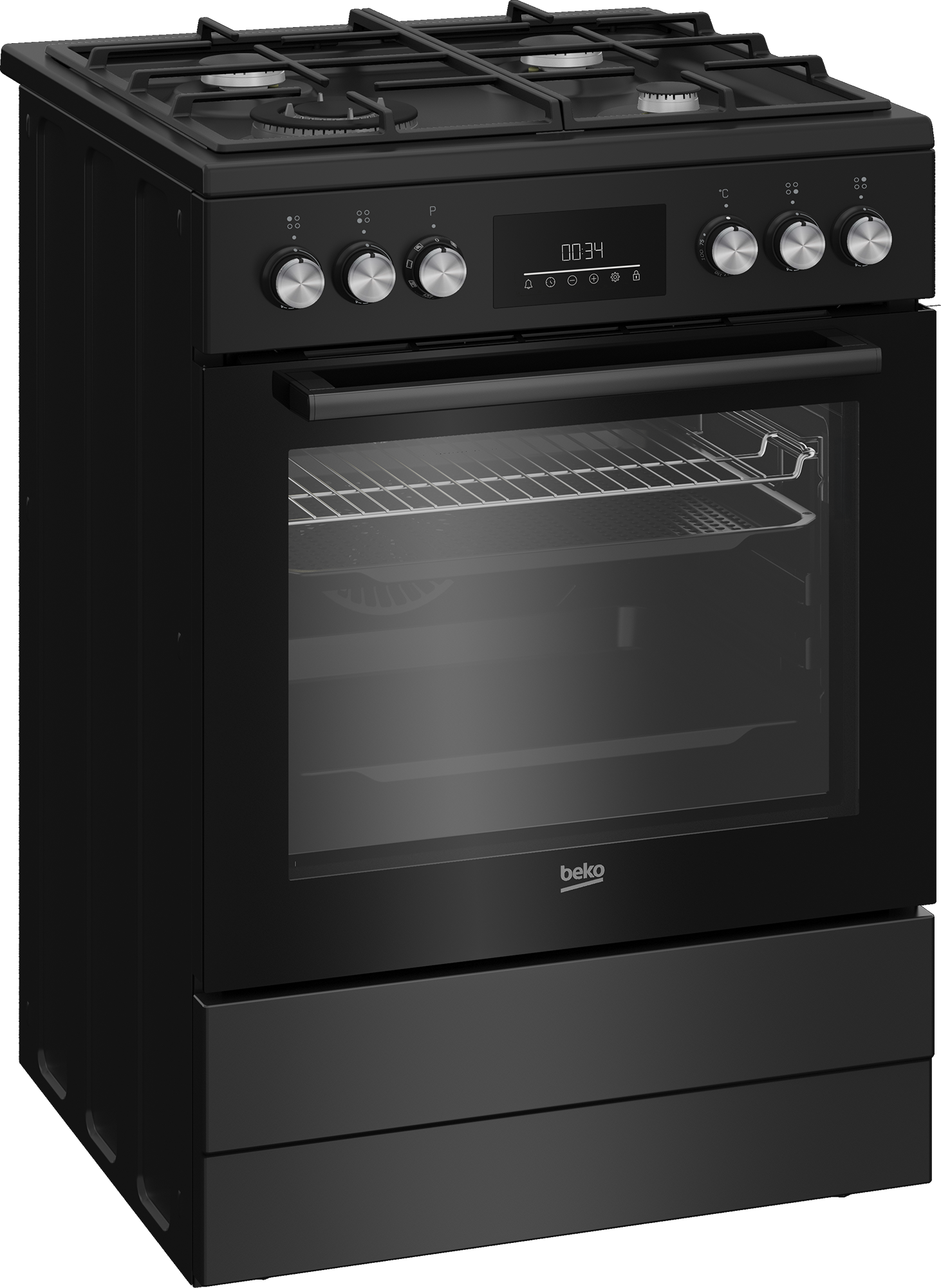 Czarna kuchenka gazowa z piekarnikiem, cyfrowym wyświetlaczem i pokrętłami.