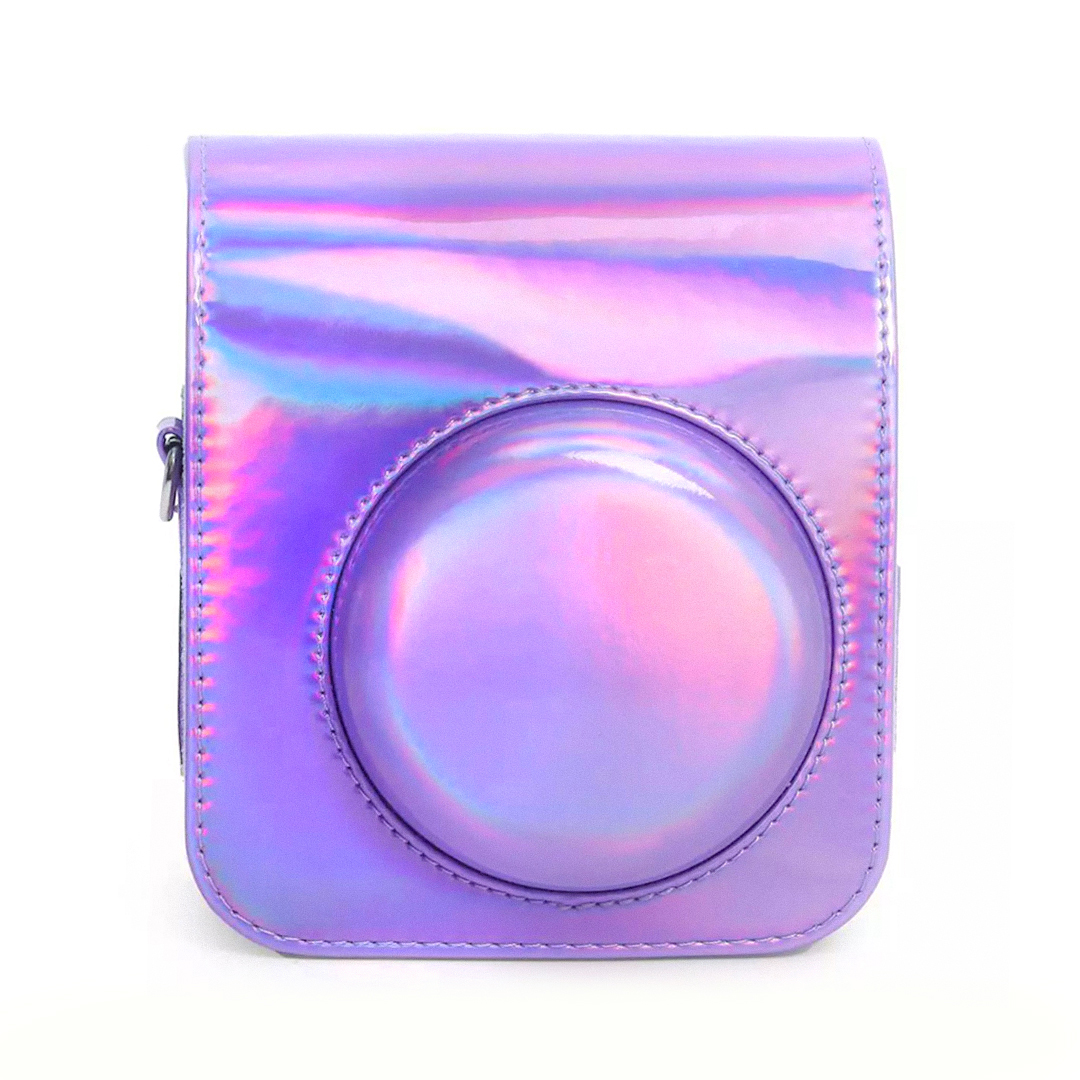 Yuvarlak lens açıklığı ve fermuarlı mor holografik kamera kılıfı.