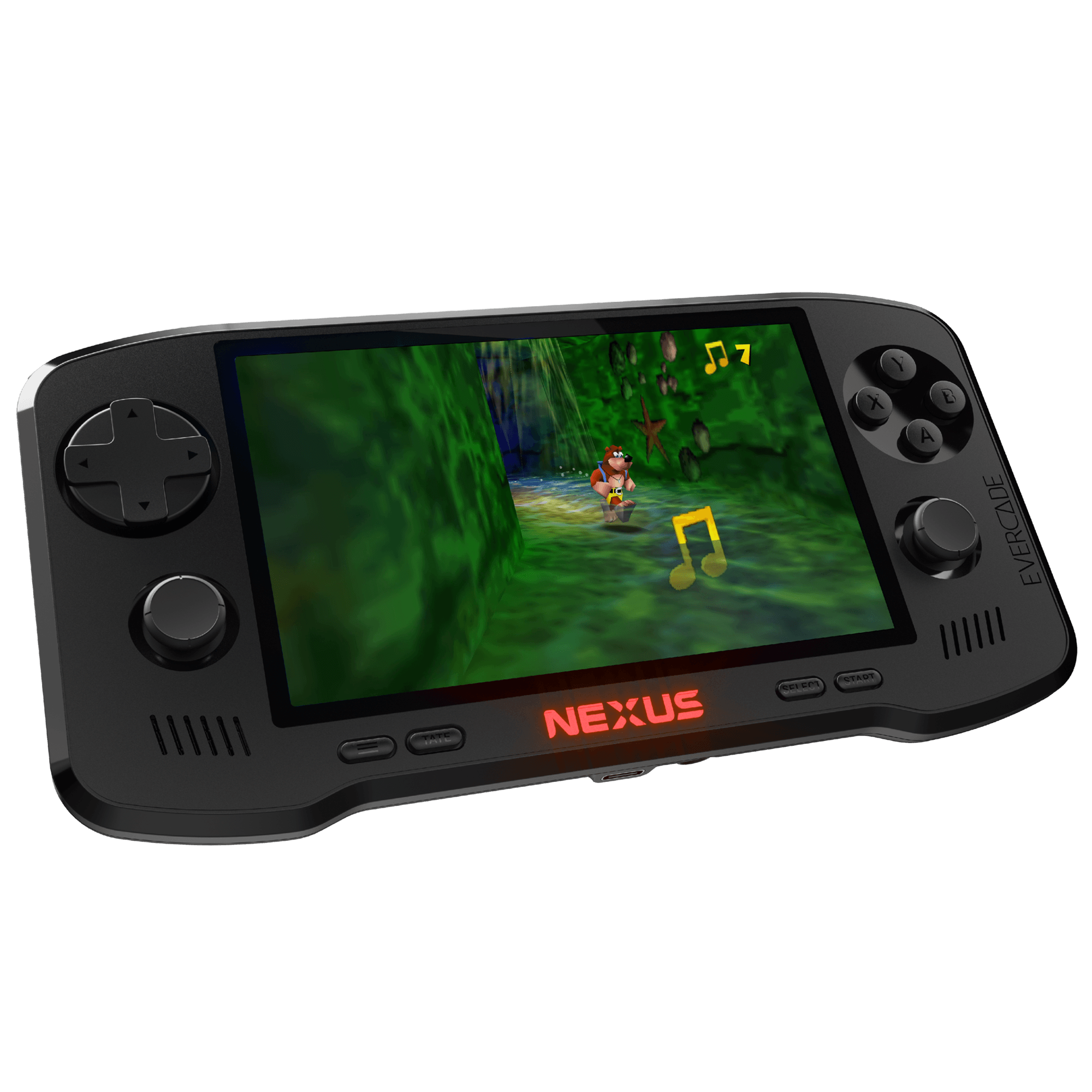 Ein Handheld-Spielgerät mit einem bunten Spiel auf dem Bildschirm.