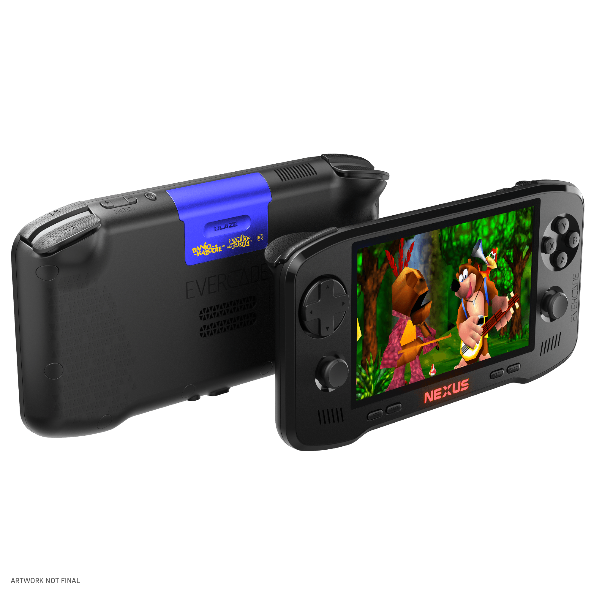 Eine schwarze Handheld-Konsole zeigt ein Spiel mit Banjo-Kazooie-Charakteren. Die Konsole hat blaue Akzente.