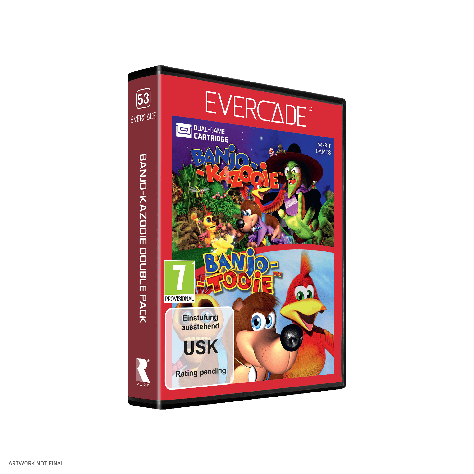 Evercade-Hülle mit Banjo-Kazooie und Banjo-Tooie-Covern, mit Alterseinstufung.