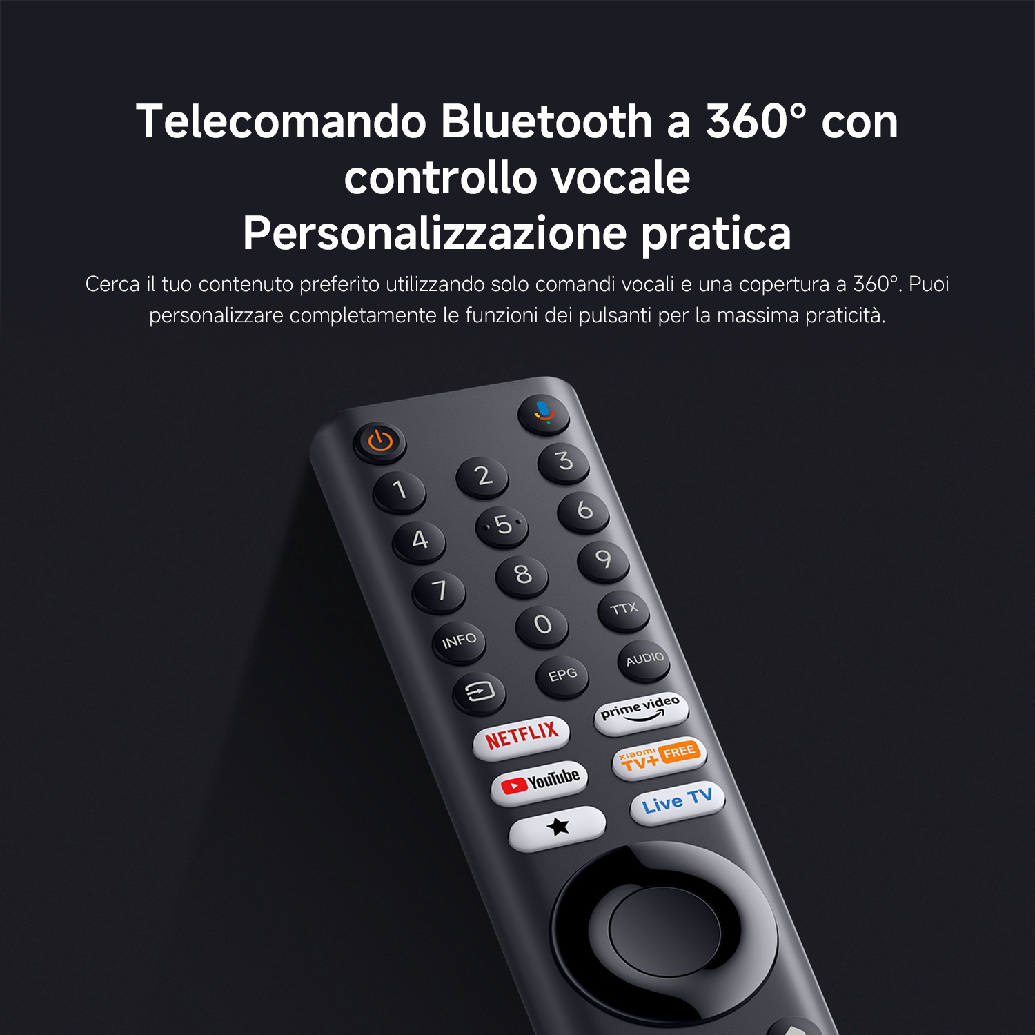Un telecomando nero con pulsanti per Netflix, YouTube e Prime Video.