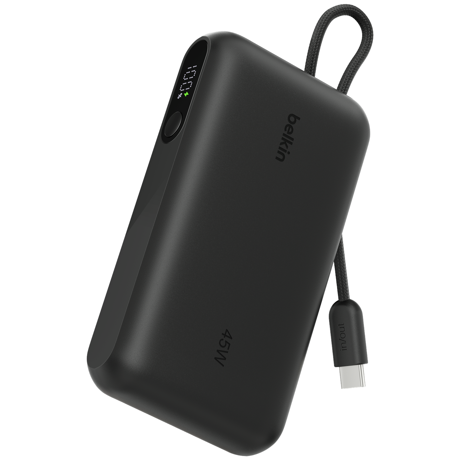 Black Belkin 45W power bank with USB-C cable and 100% charge indicator.