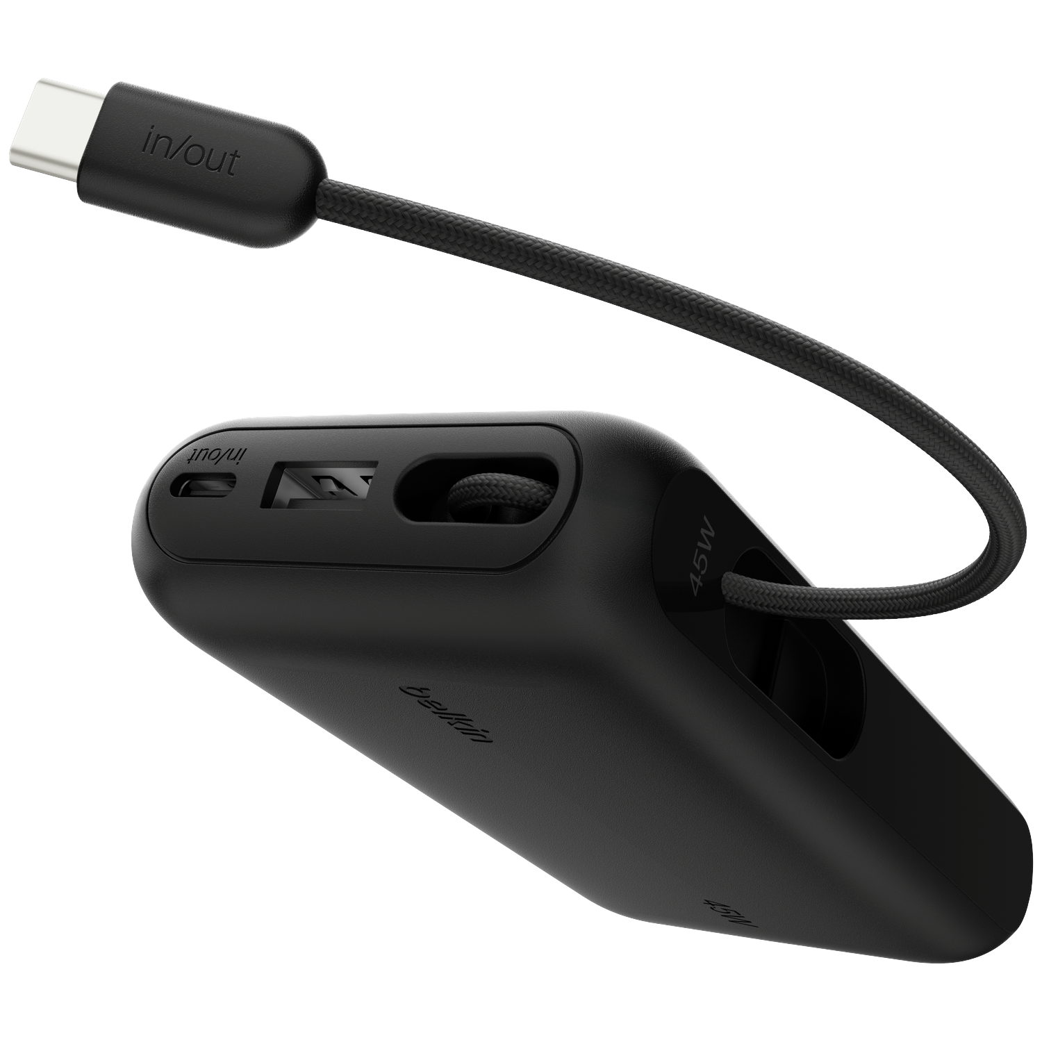Black power bank with USB-C cable and ports.