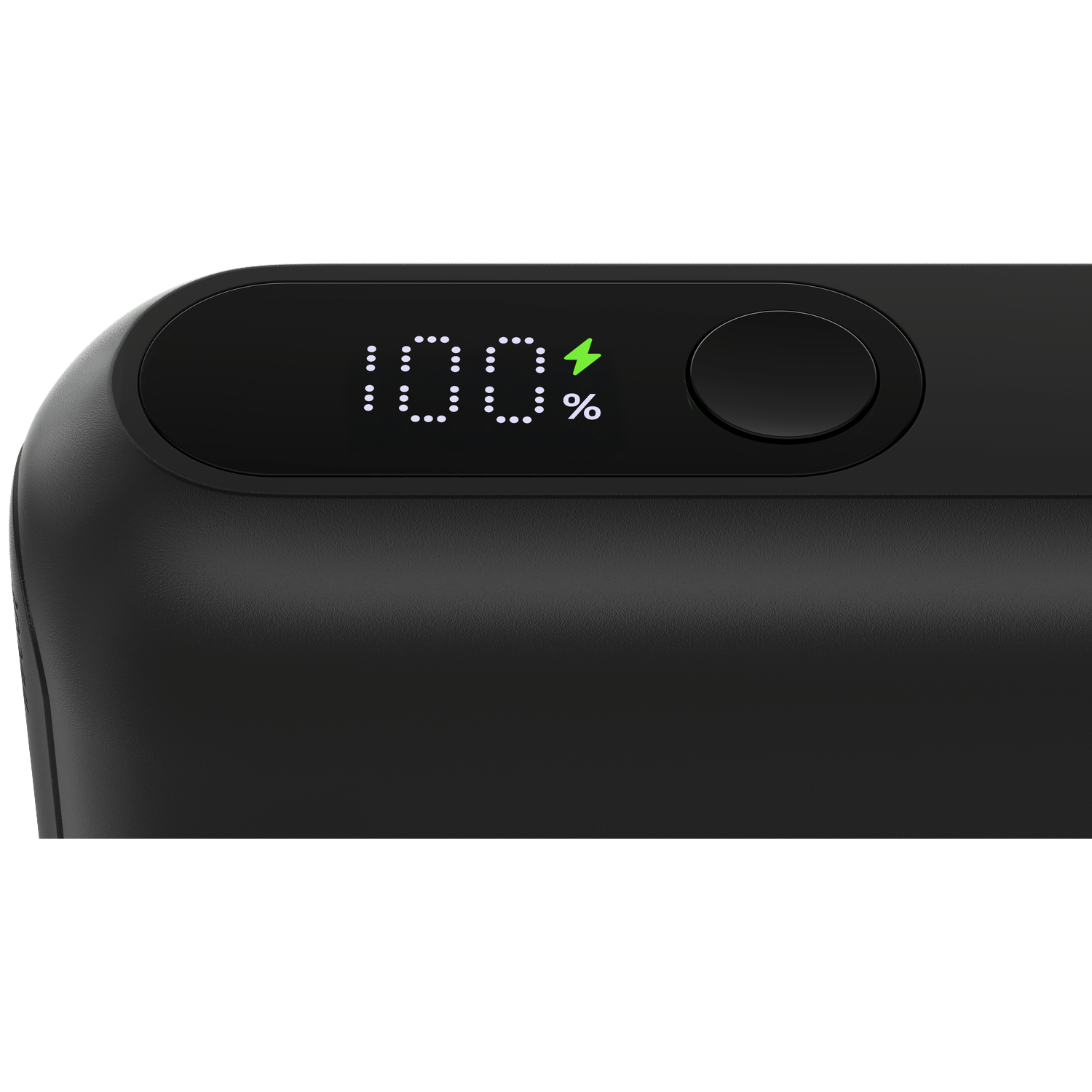 Black device with digital display showing 100% charge and a button.