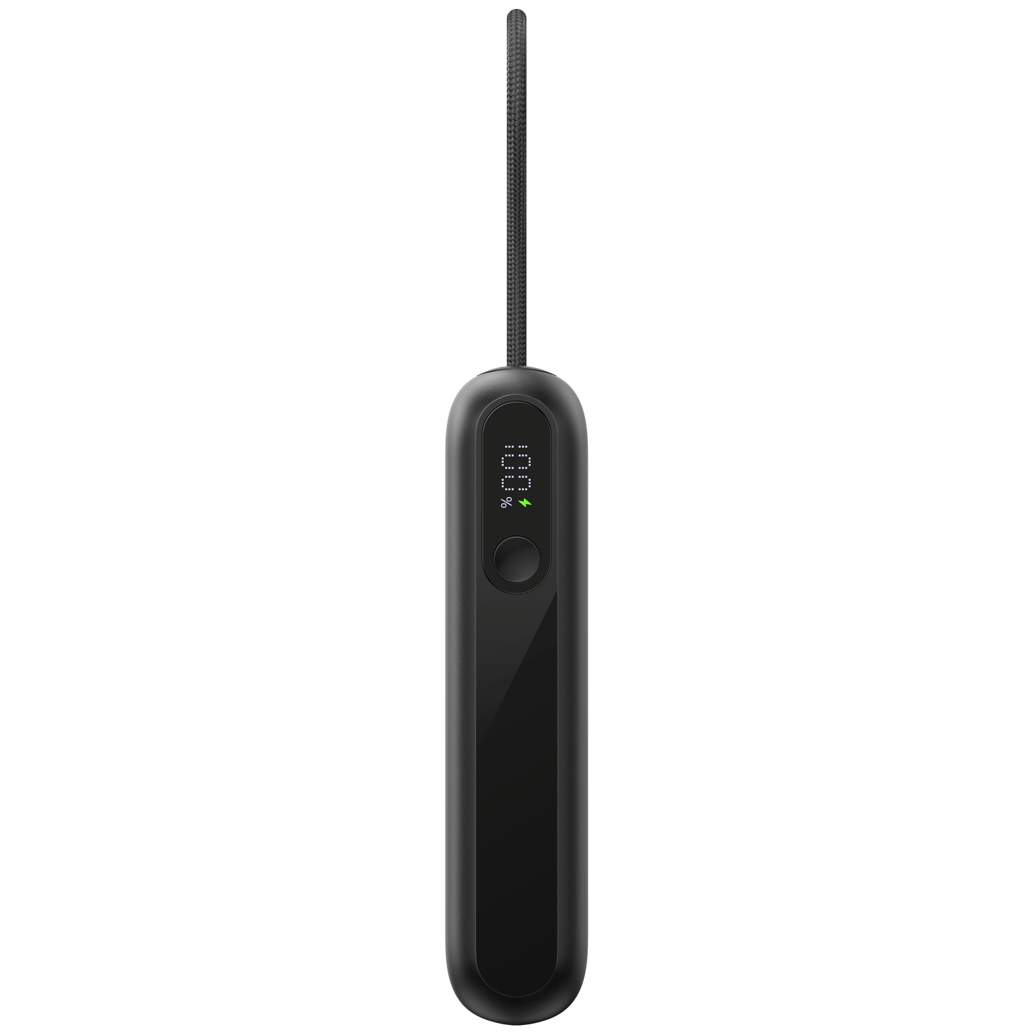 Black, elongated device with a digital display showing 100% and a charging icon.