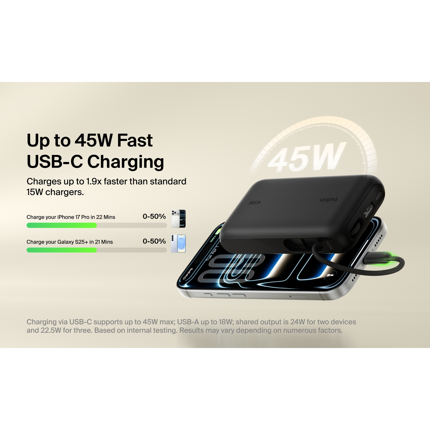 Black charging device rapidly charges an iPhone and a Galaxy phone.