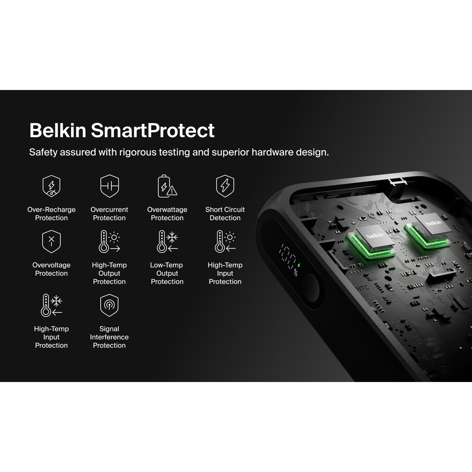 Black Belkin SmartProtect device with detailed circuit board view and protection icons.