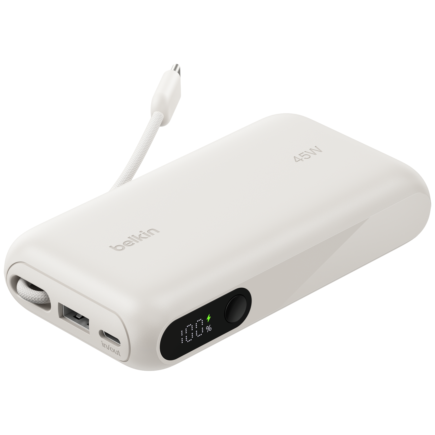 Belkin BoostCharge Powerbank 10.000 mAh 45W PD met geïntegreerde USB-C- en USB-A-kabel en display - Zand Powerbank Beige