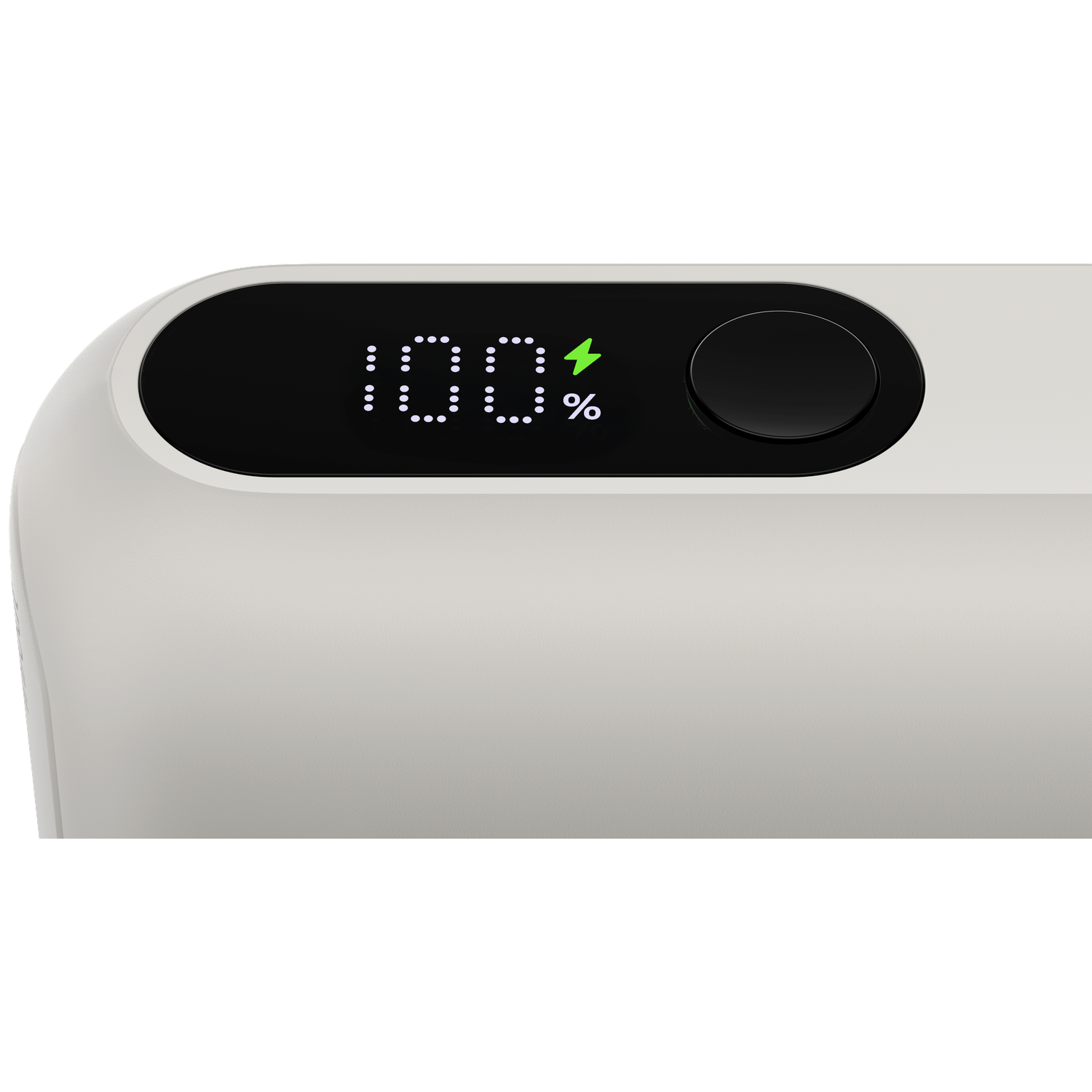 A white device with a black display shows 100% charge and a lightning bolt icon.
