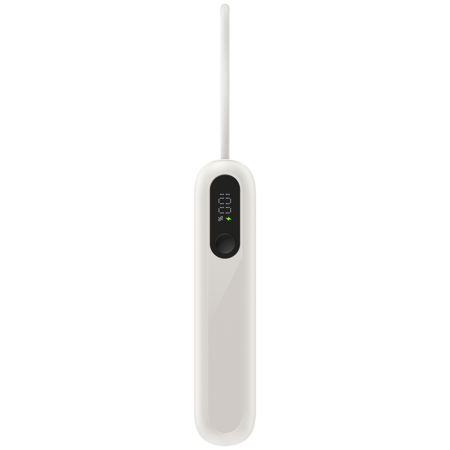 A white sleek device with a black button and a digital display showing 100%.