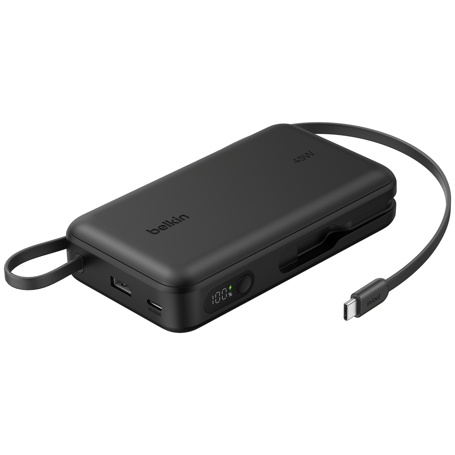Black power bank with cable and USB-C port on a white background.