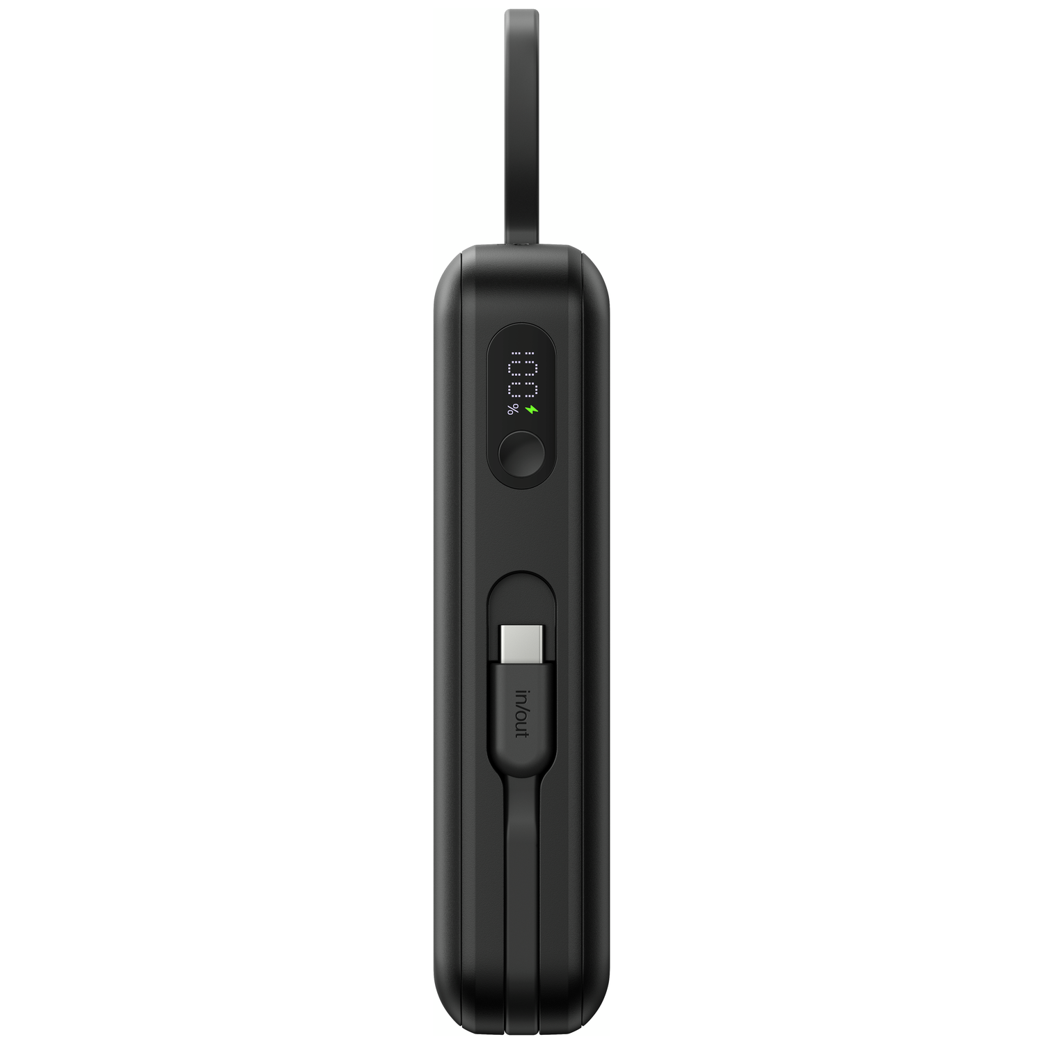 Black portable power bank with a digital display showing 100% charge.