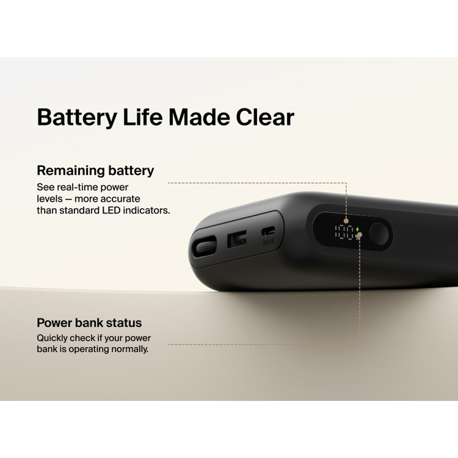 Black power bank with a digital display showing 100% battery charge.